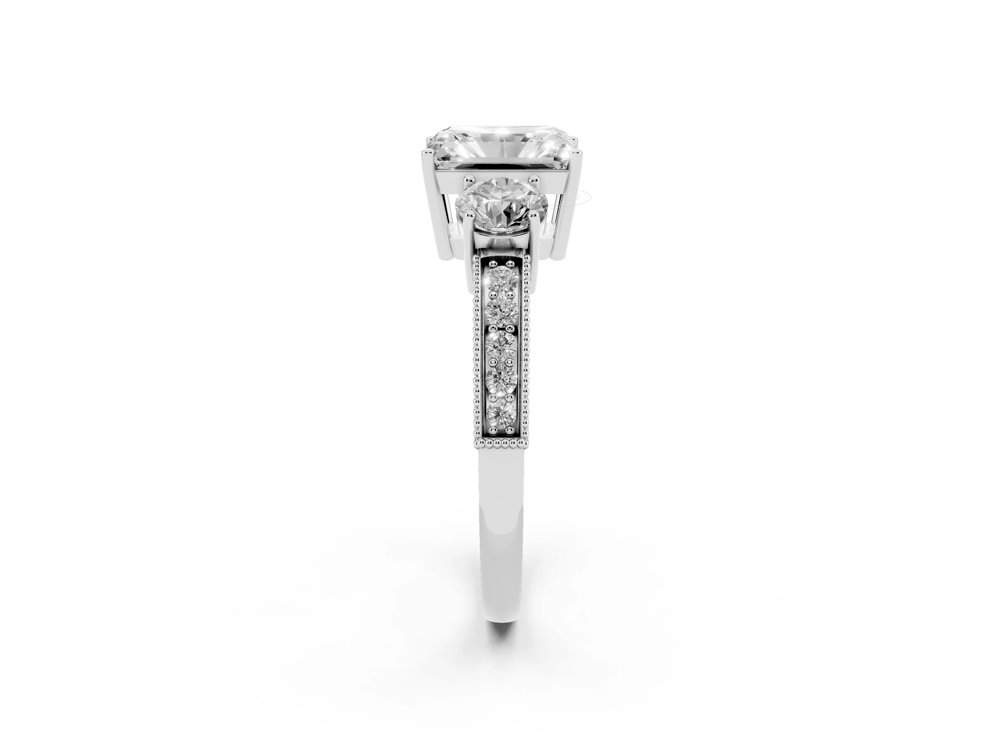 Radiant Cut Diamond Three-Stone Ring Set in White gold with Round Side Stones and Pavé Band