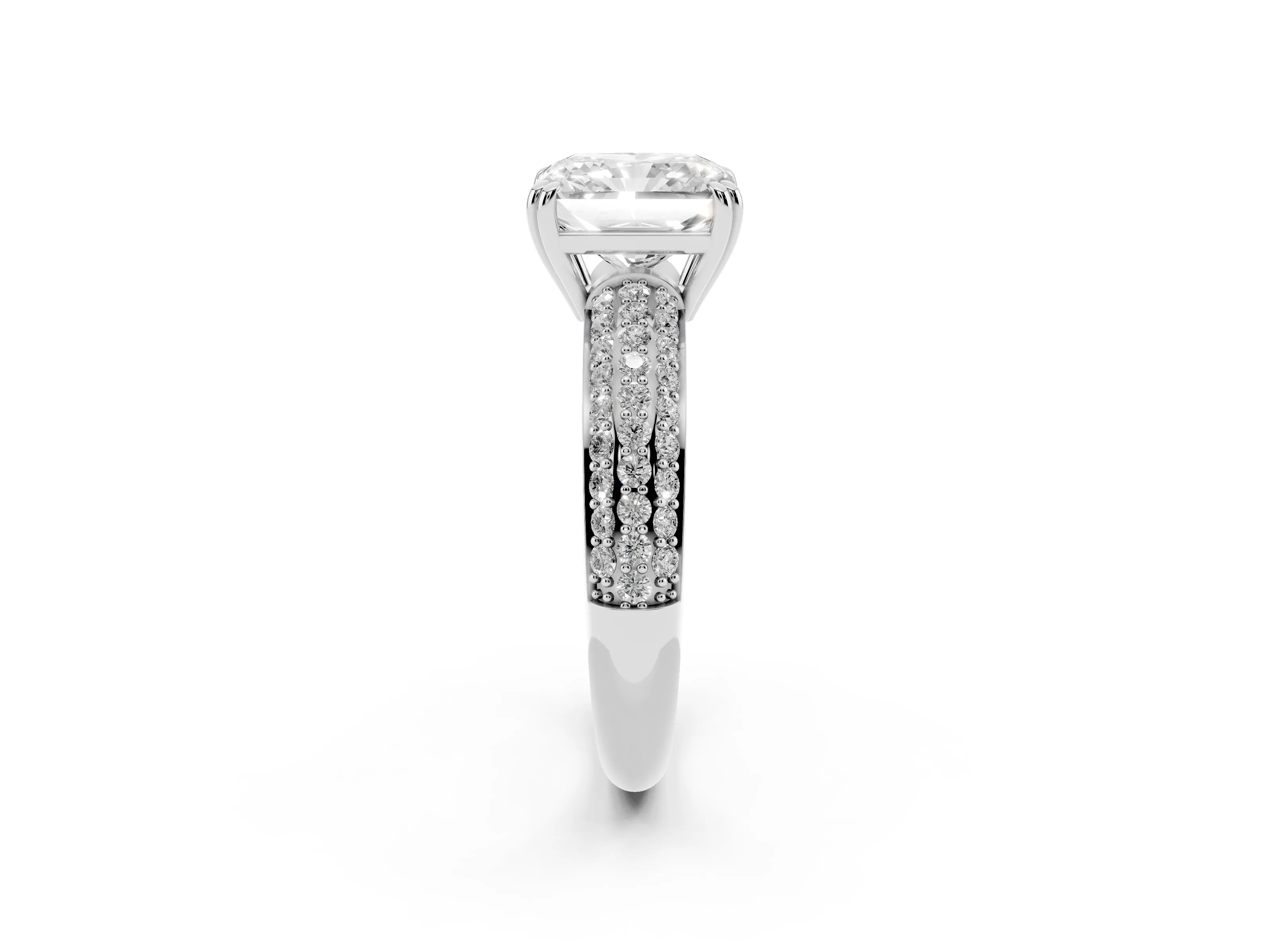 Radiant Cut Diamond Solitaire Ring Set in Platinum with Multi-Row Round Pavé Band and Prong Setting