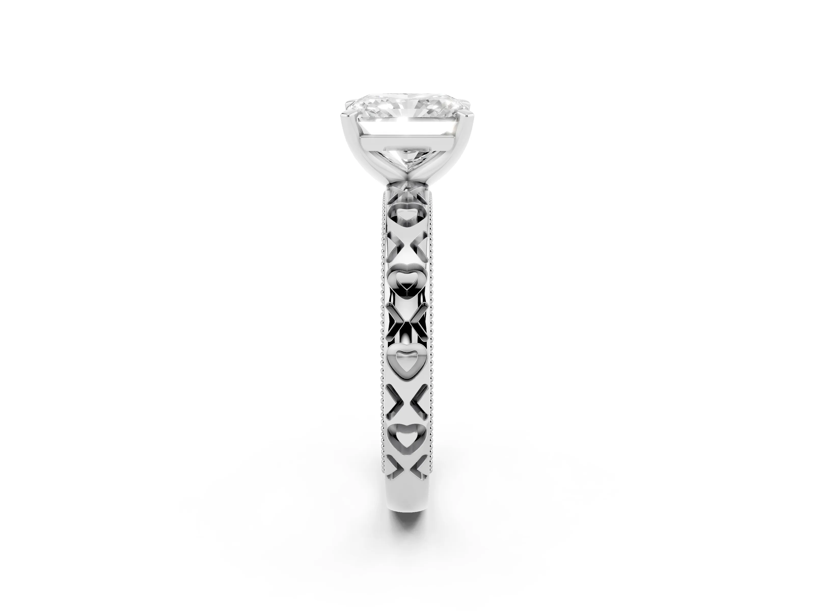 Radiant Cut Diamond Solitaire Engagement Ring Set in Platinum with XO Engraved Band and Prong Setting