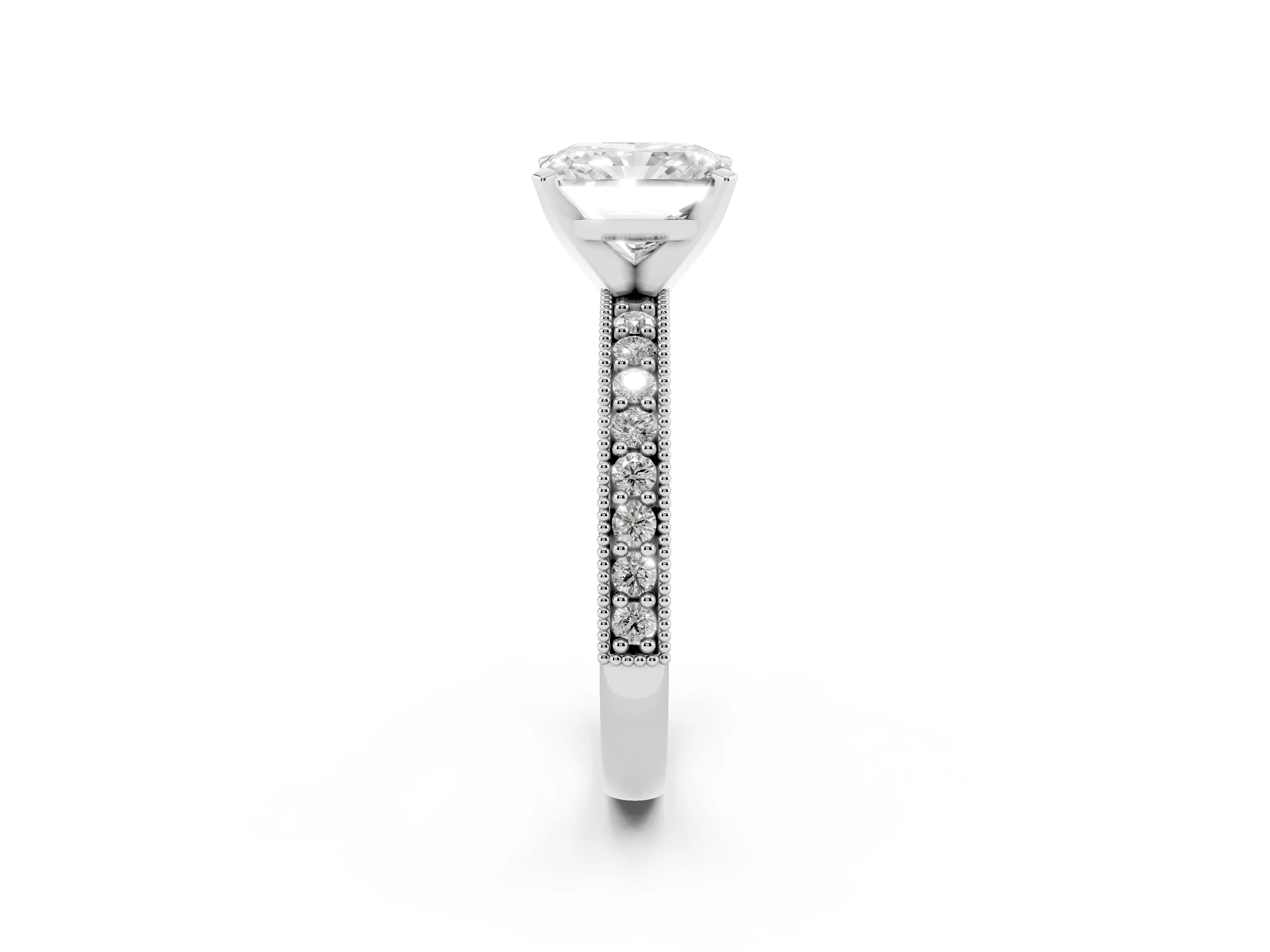 Radiant Cut Diamond Milgrain Pavé Engagement Ring Set in Silver with Prong Setting