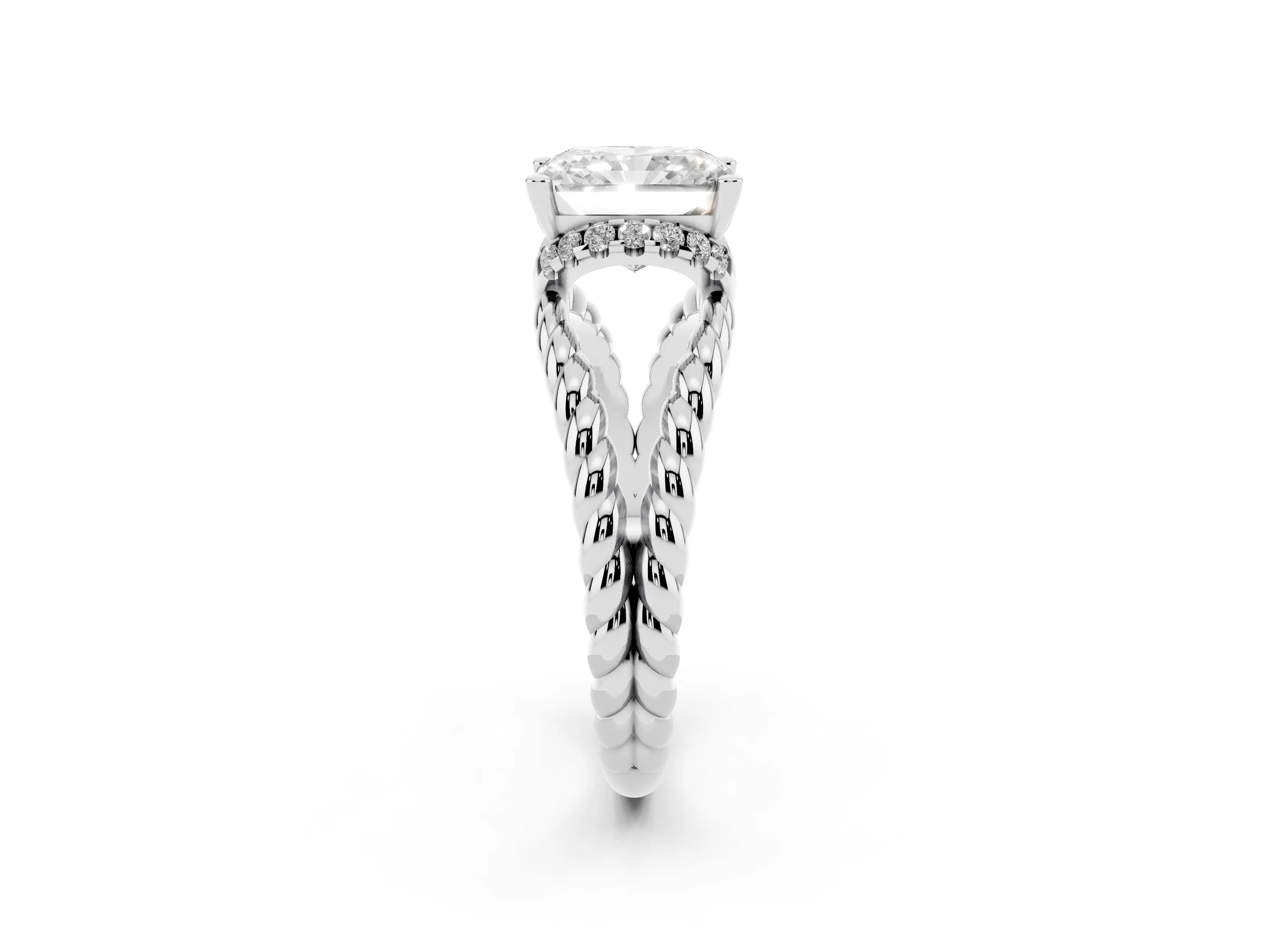 Radiant Cut Diamond Halo Ring Set in White gold with Twisted Band and Prong Setting