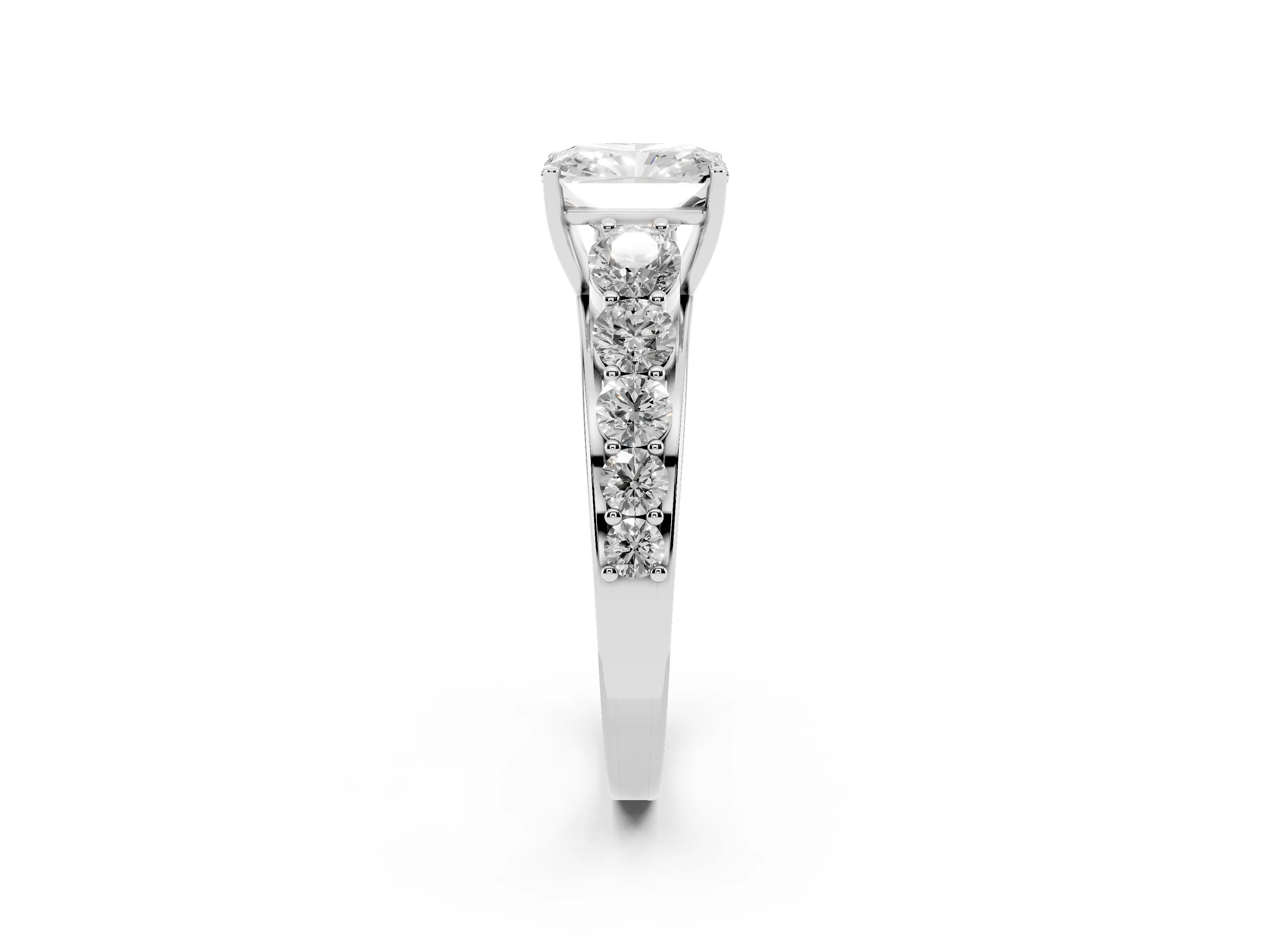 Radiant Cut Diamond Solitaire Ring Set in Silver with Pavé-Set Band and Prong Setting