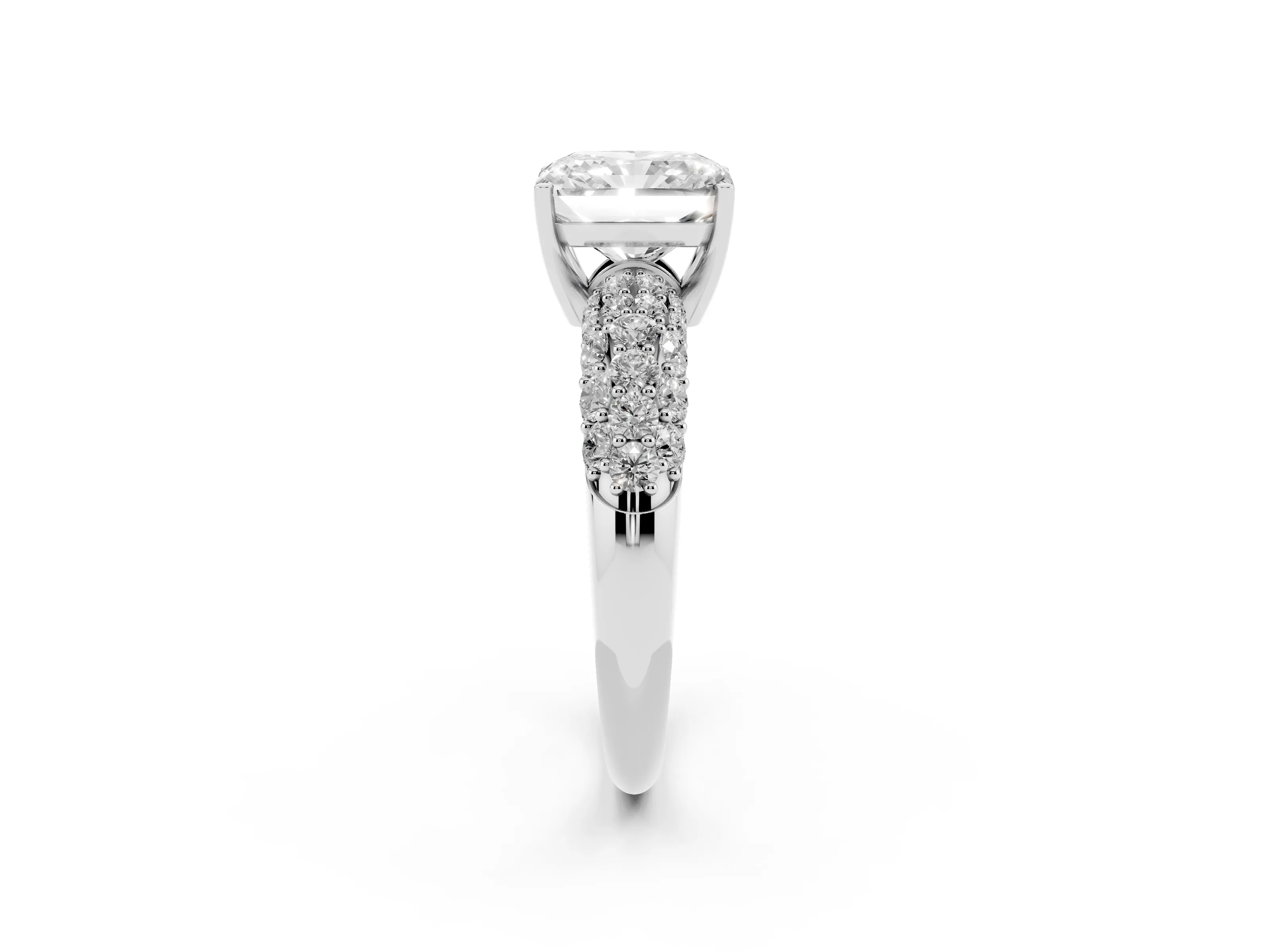Radiant Cut Diamond Pavé Band Solitaire Ring Set in White gold with Close-Set Accent Stones and Prong Setting