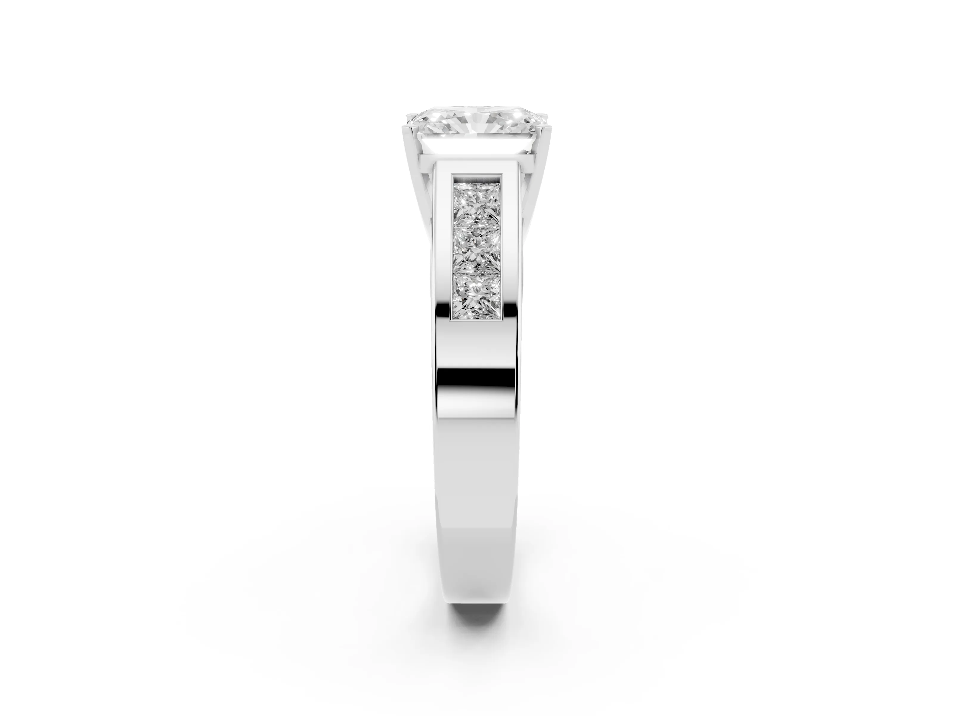 Radiant Cut Diamond Solitaire Ring Set in Silver with Channel-Set Accent Stones and Prong Setting