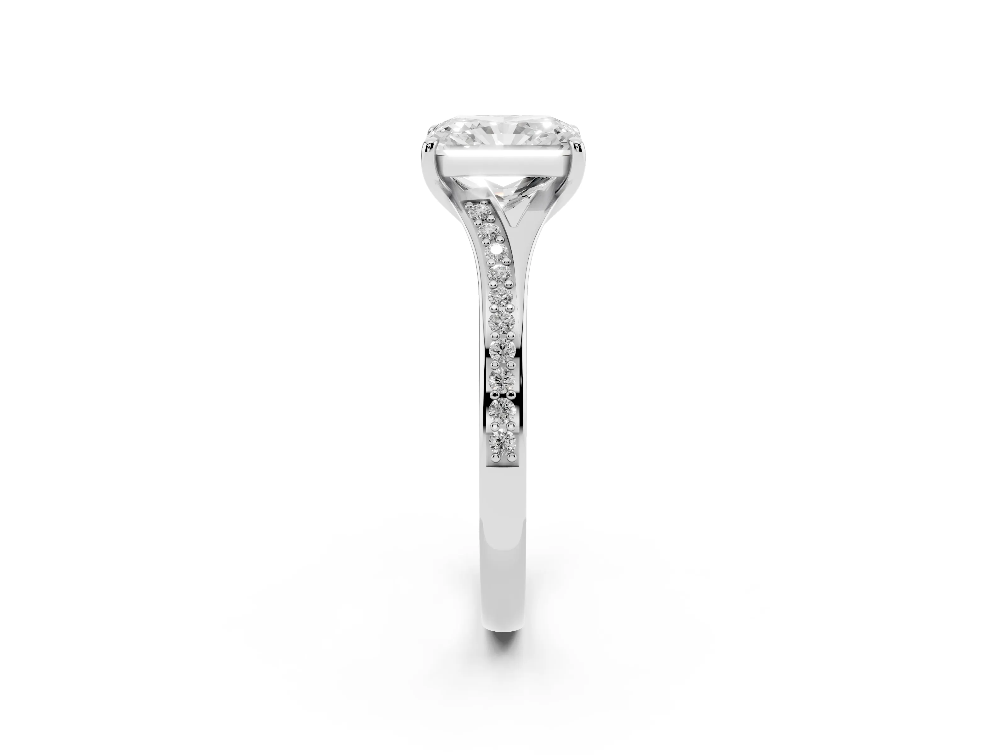 Radiant Cut Diamond Solitaire Ring Set in White gold with Pavé Accent Band and Classic Prong Setting