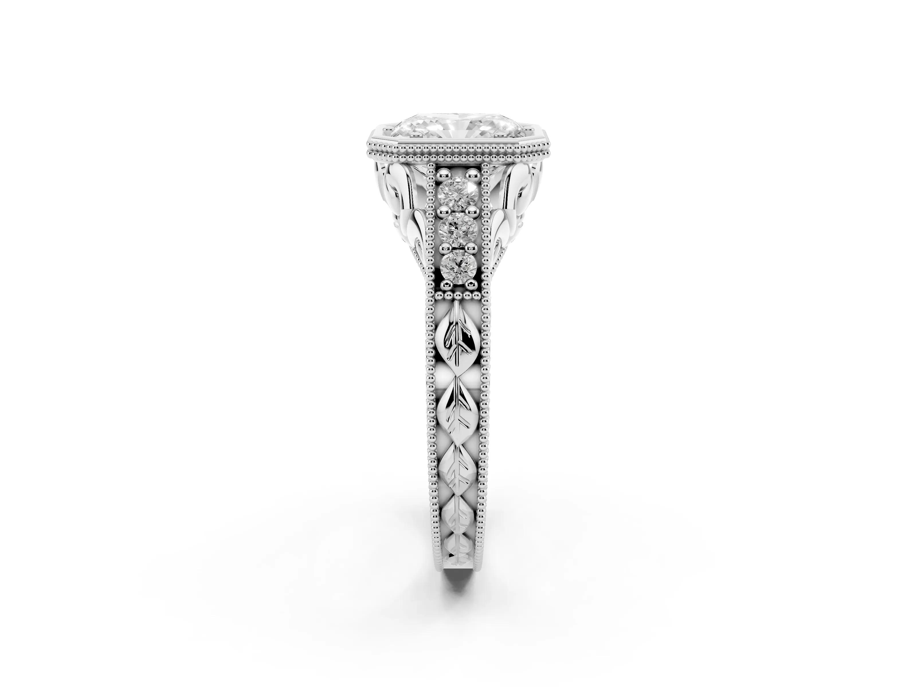 Bezel Set Radiant Cut Diamond Milgrain Pavé Engagement Ring Set in Platinum