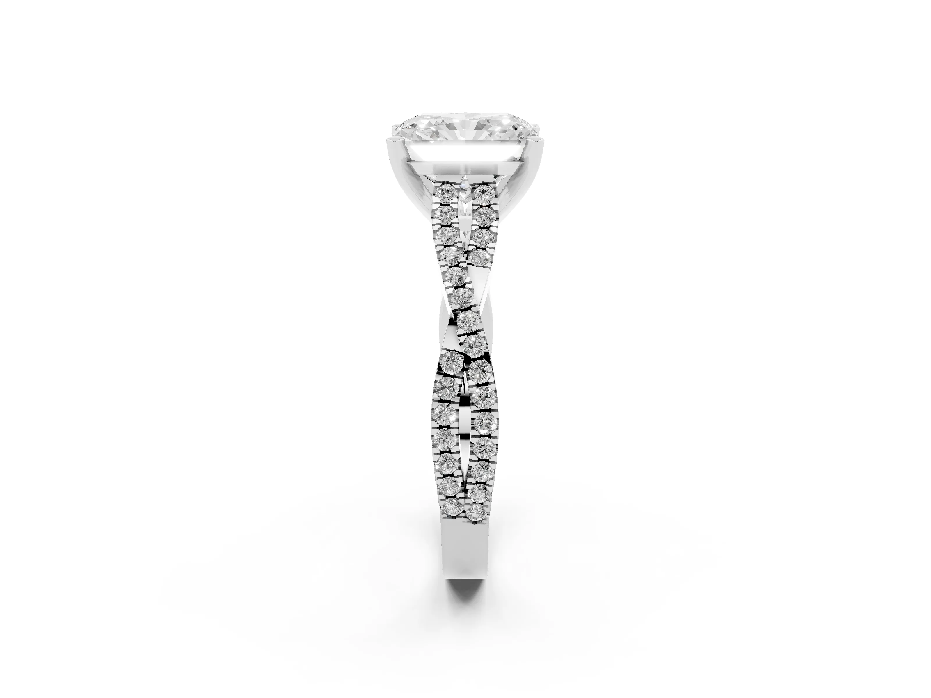 Radiant Cut Diamond Solitaire Engagement Ring Set in Platinum with Twisted Pavé Band and Prong Setting