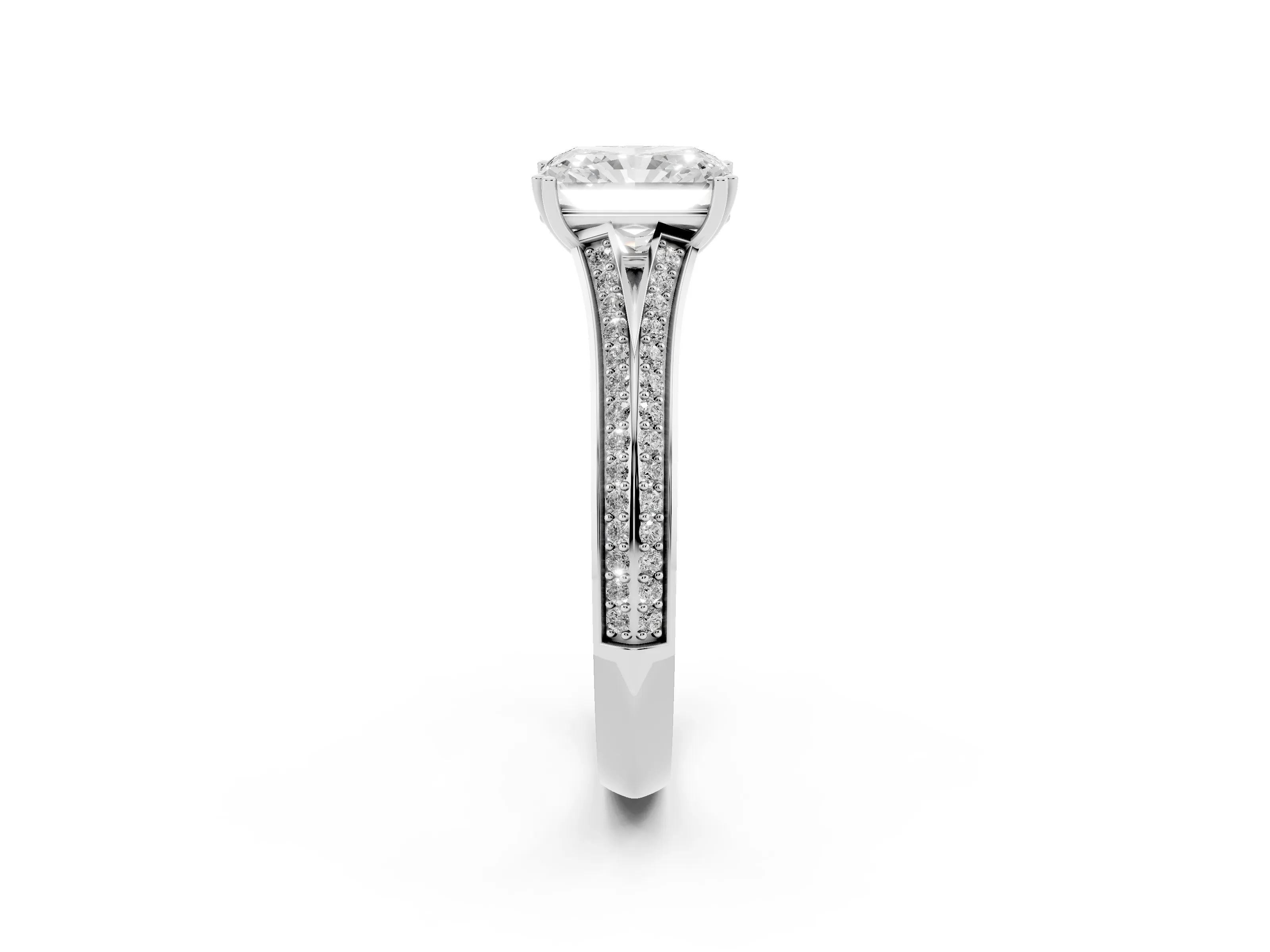 Radiant Cut Diamond Split Shank Pavé Engagement Ring Set in Platinum with Prong-Set Center Stone