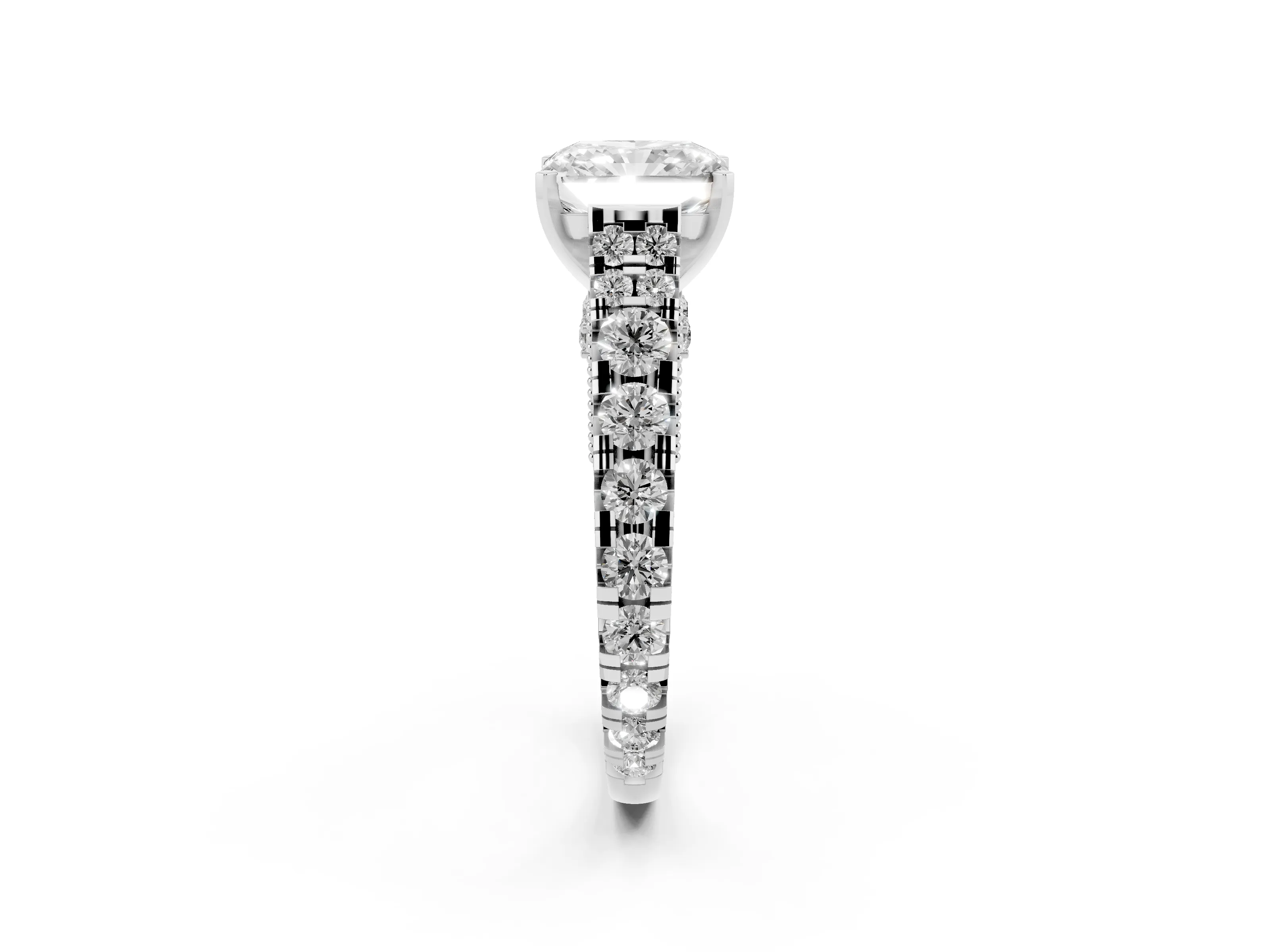 Radiant Cut Diamond Classic Solitaire Ring Set in Platinum with Pavé Band and Prong Setting