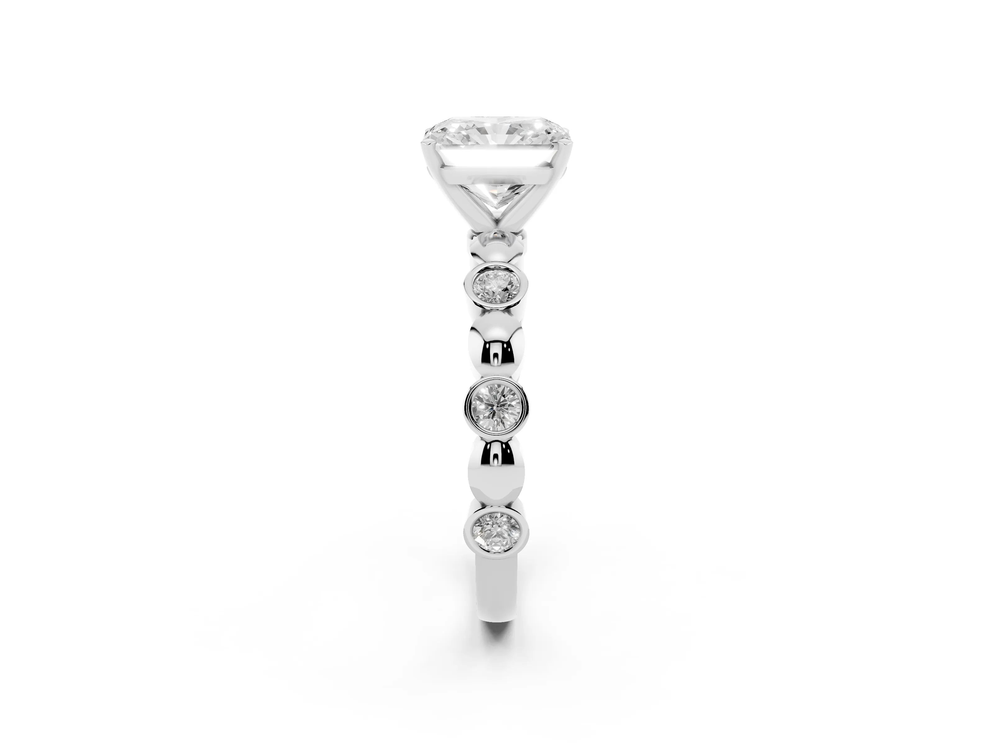 Radiant Cut Diamond Solitaire Ring Set in Silver with Bezel-Set Accents on Beaded Band and Prong Setting