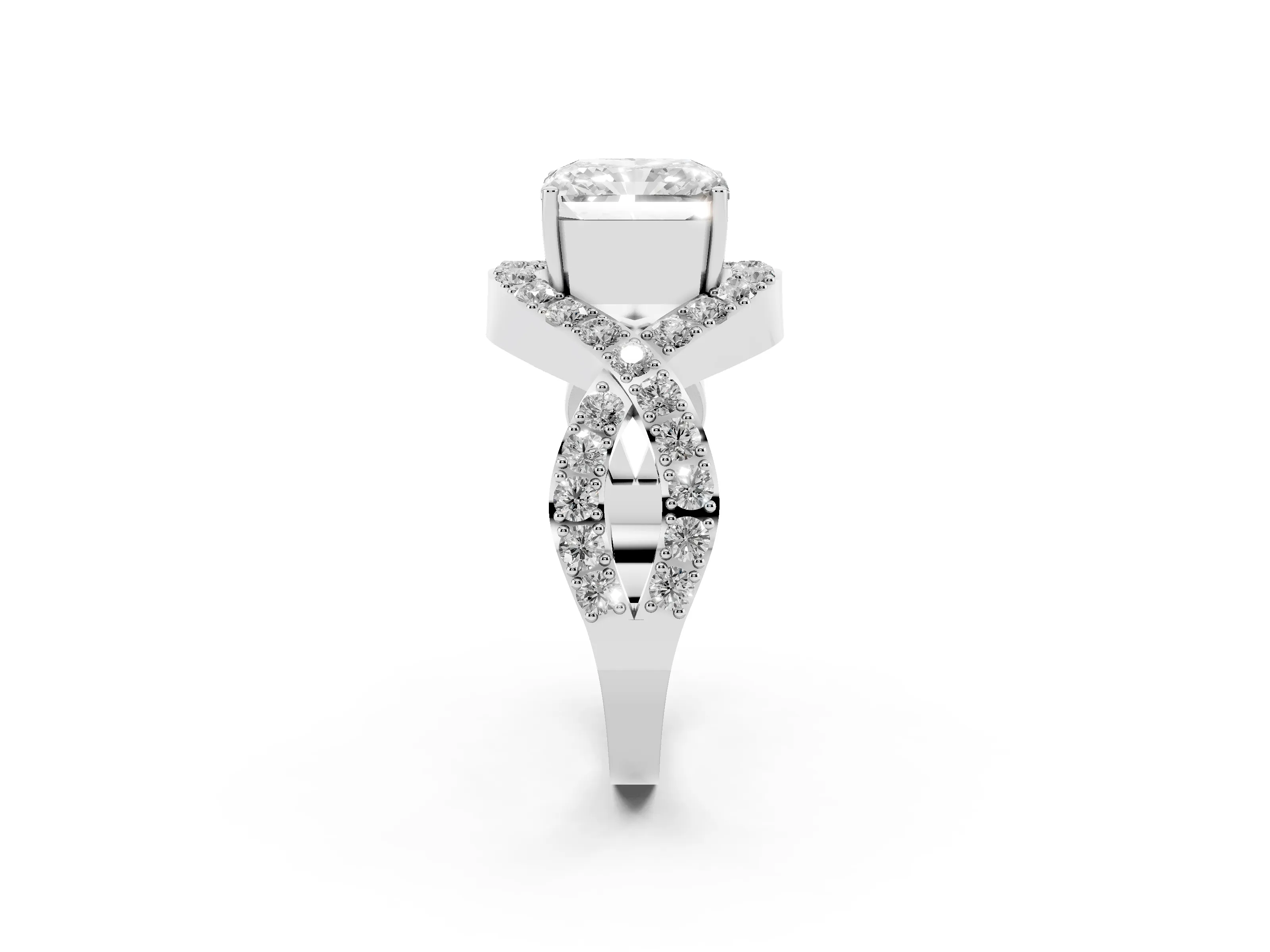 Radiant Cut Diamond Solitaire Twist Band Pavé Engagement Ring Set in Platinum