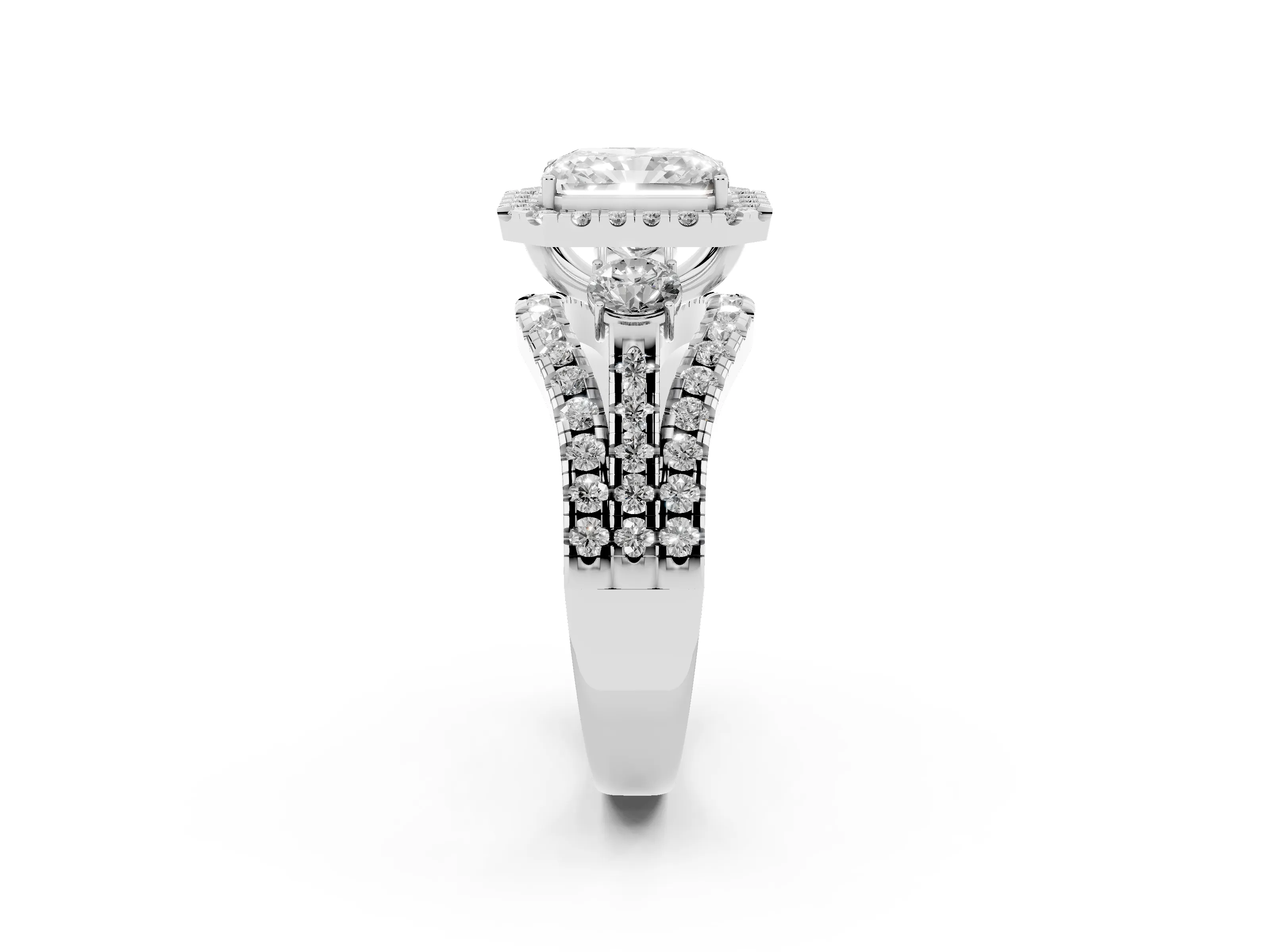 Radiant Cut Diamond Halo Split Shank Ring Set in Silver with Round Accent Stones and Prong Setting