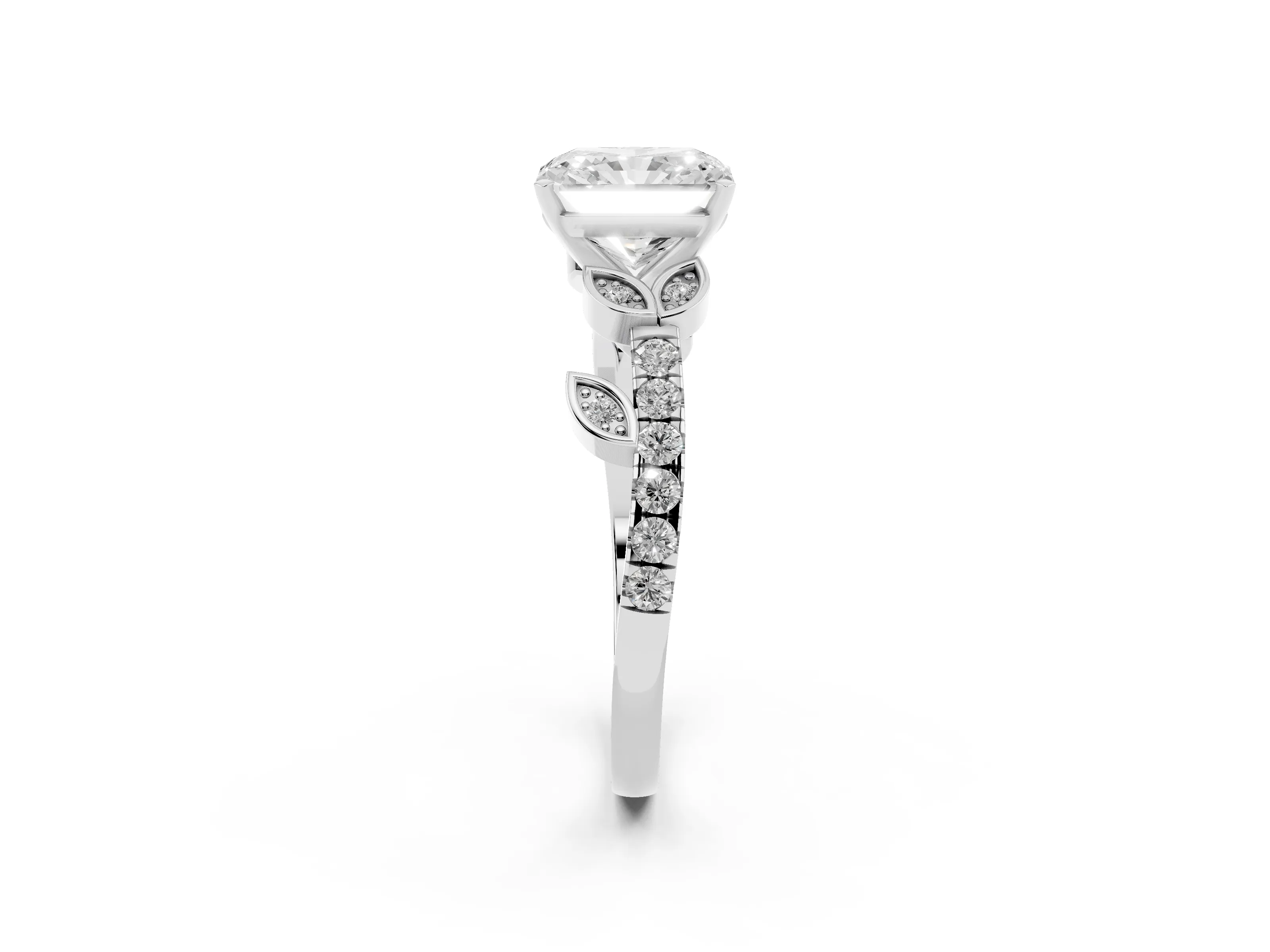 Radiant Cut Diamond Solitaire Leaf-Inspired Ring Set in Platinum with Pavé Band and Prong Setting