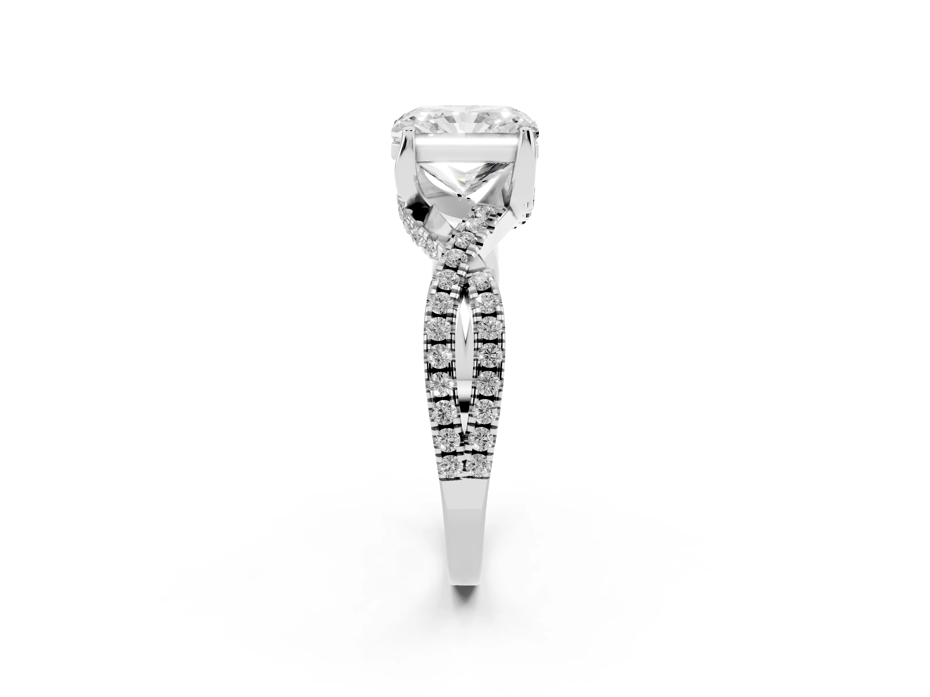 Radiant Cut Diamond Twist Pavé Solitaire Engagement Ring Set in Silver with Prong Setting