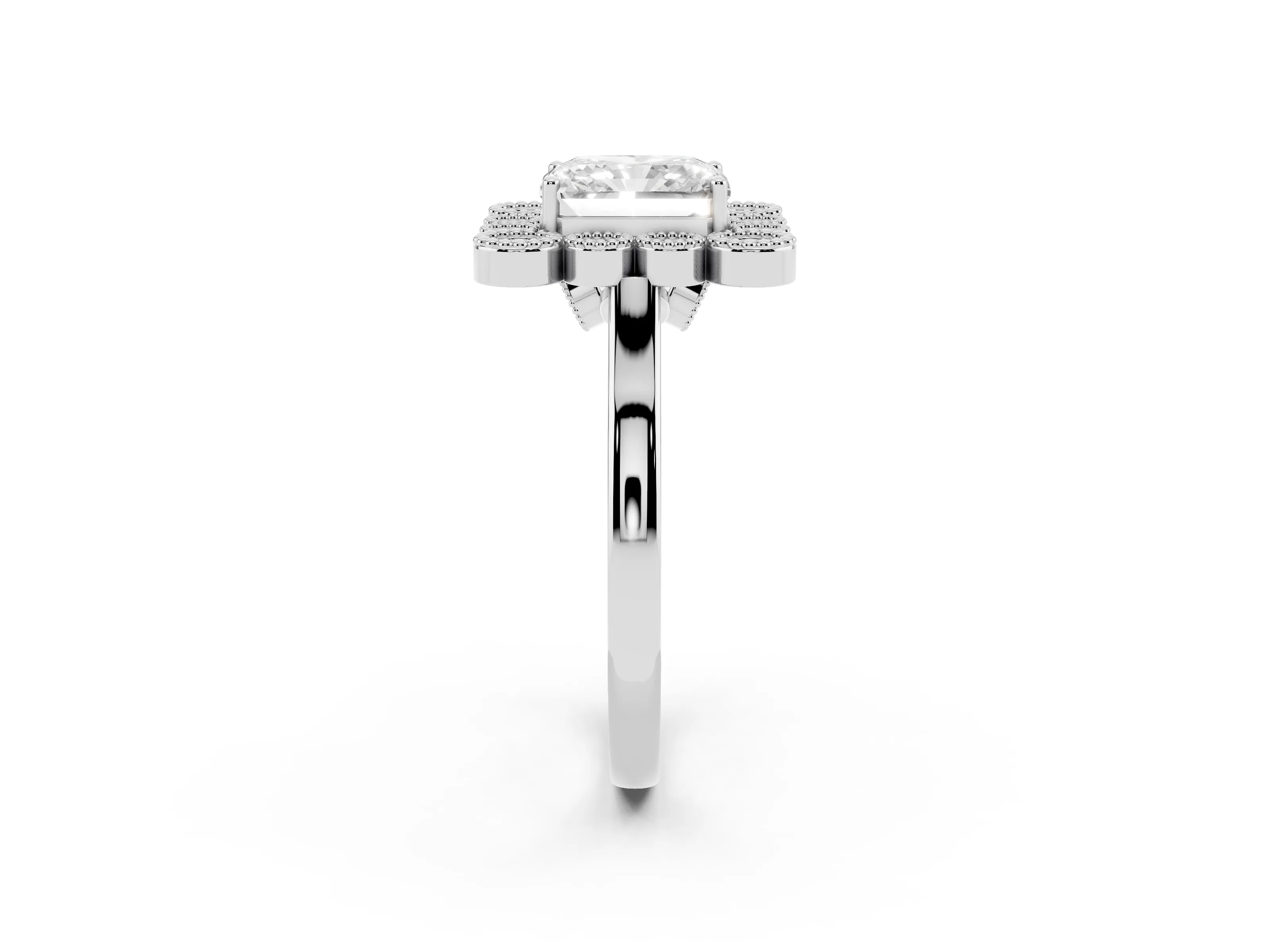 Radiant Cut Diamond Cluster Halo Ring Set in White gold with Milgrain Bezel Accents and Plain Band
