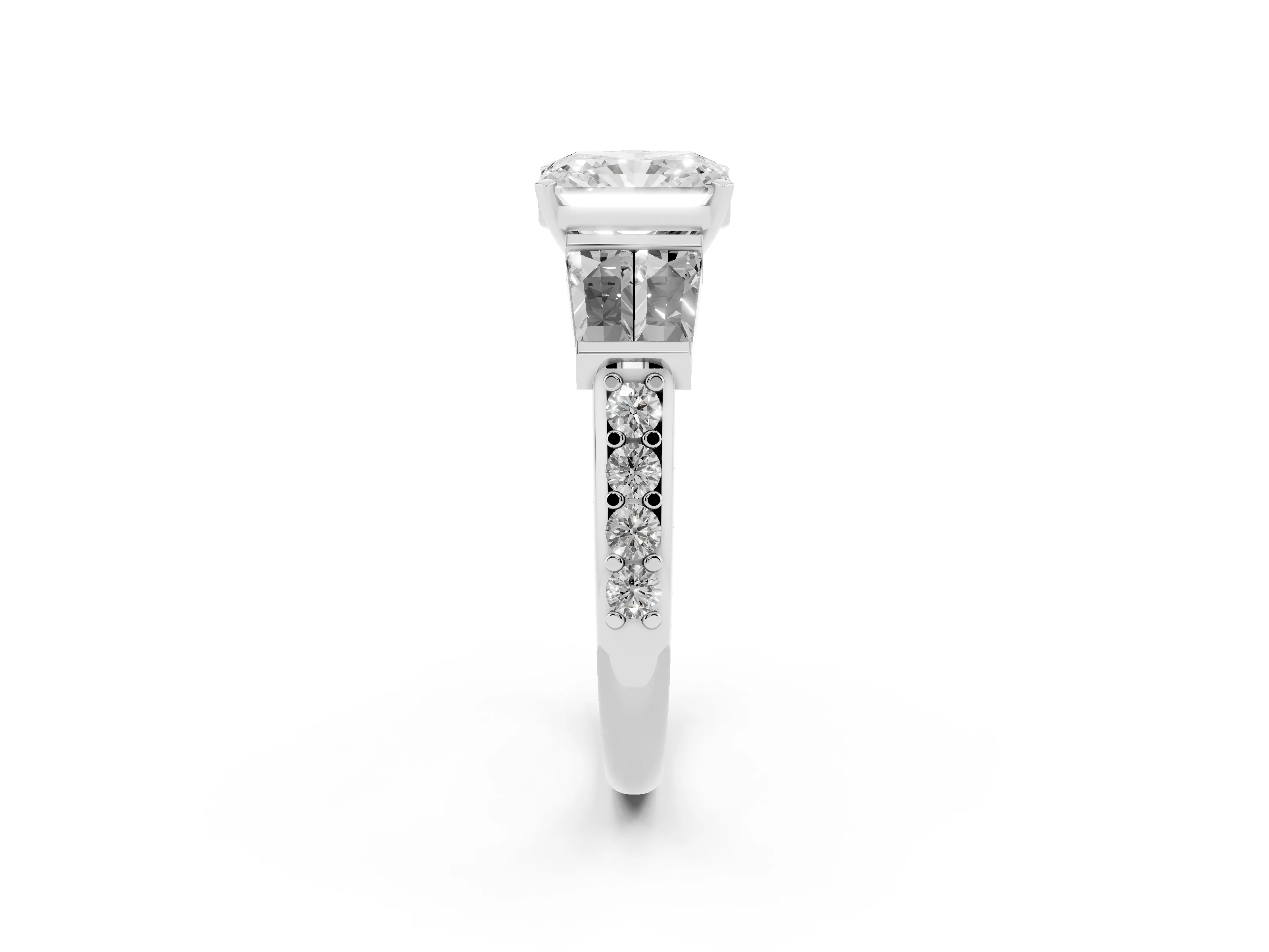Radiant Cut Diamond Engagement Ring Set in White gold with Baguette Side Stones and Channel Set Band