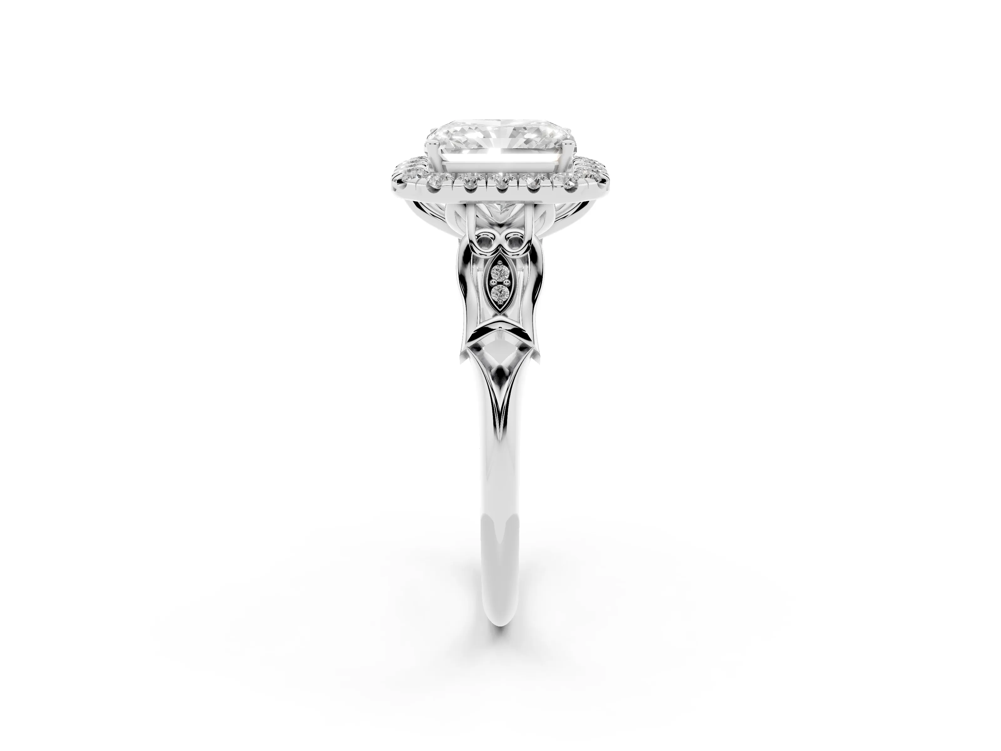 Radiant Cut Diamond Halo Engagement Ring Set in White gold with Filigree Band and Prong-Set Center