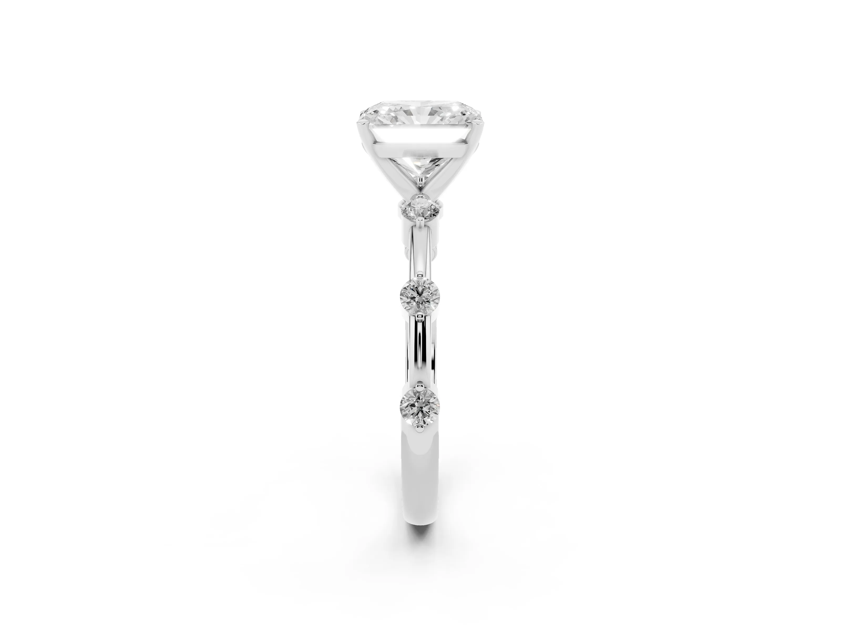 Radiant Cut Diamond Solitaire Ring Set in Silver with Bezel Set Side Stones and Prong Setting