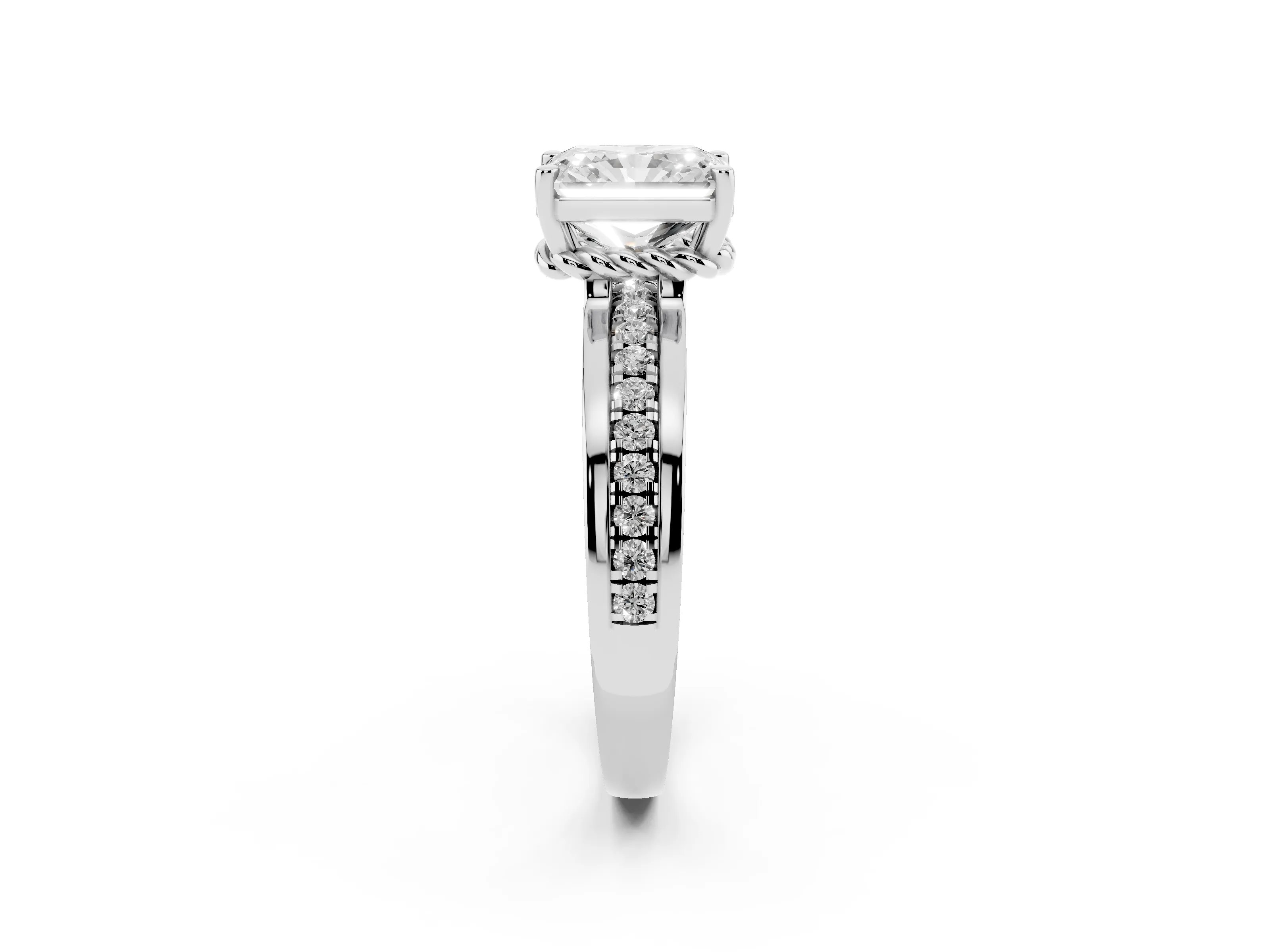 Radiant Cut Diamond Solitaire Ring Set in White gold with Channel Set Band and Prong Setting