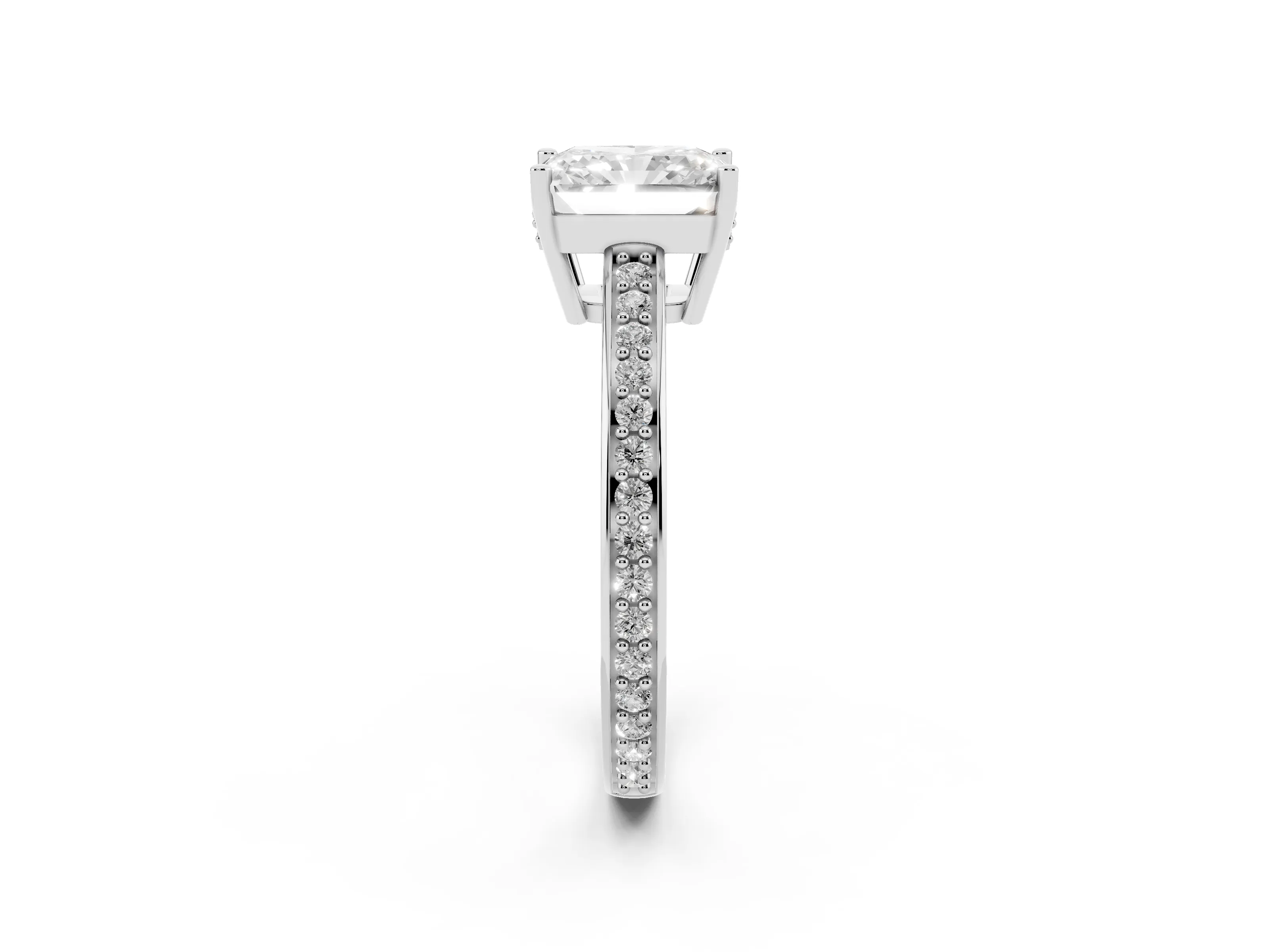 Radiant Cut Diamond Pavé Band Prong Set Solitaire Ring Set in Silver