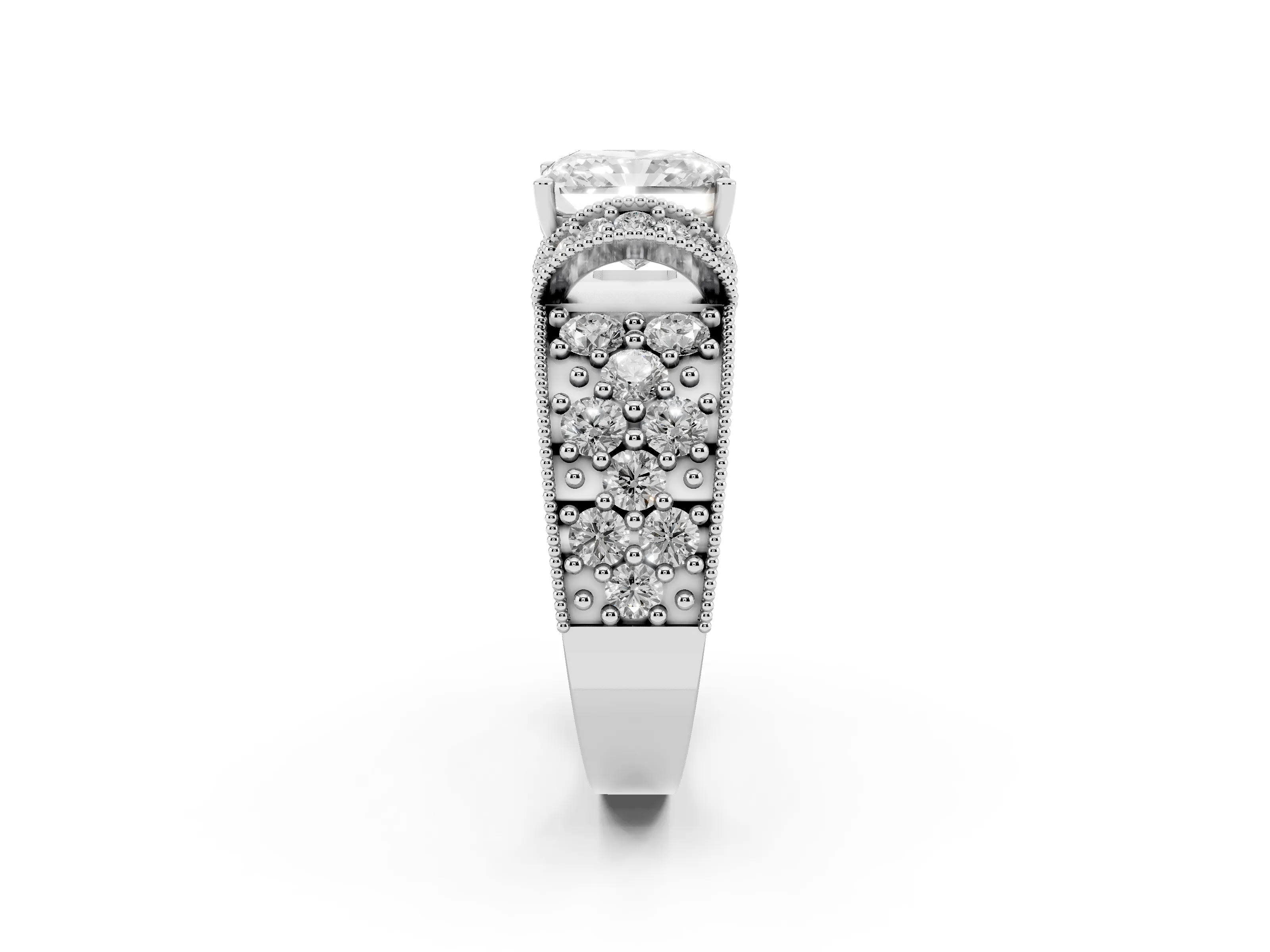 Radiant Cut Diamond Milgrain Halo Pavé Engagement Ring Set in Silver with Prong Setting