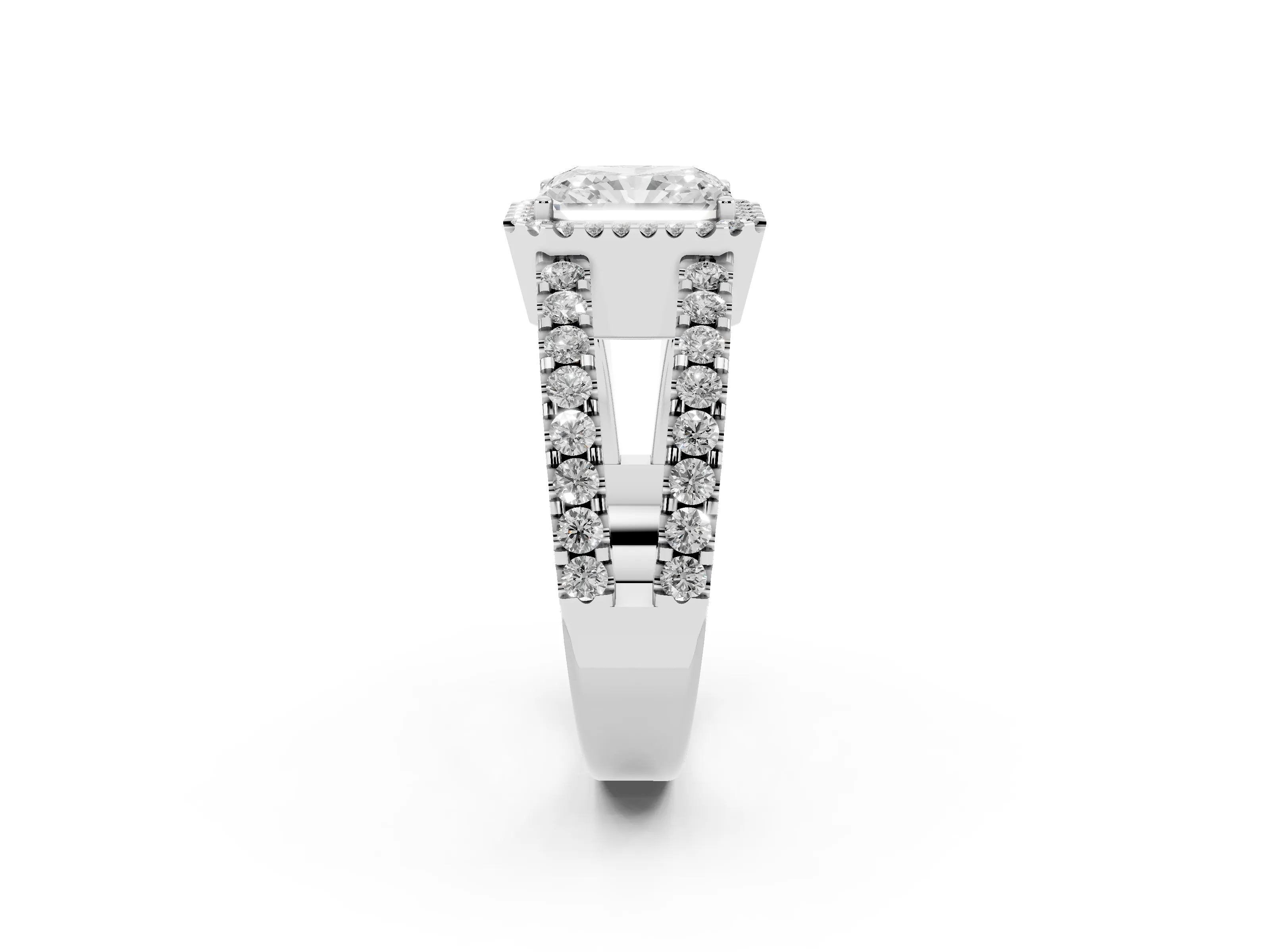 Radiant Cut Diamond Halo Ring Set in Silver with Pavé Split Shank and Prong Setting