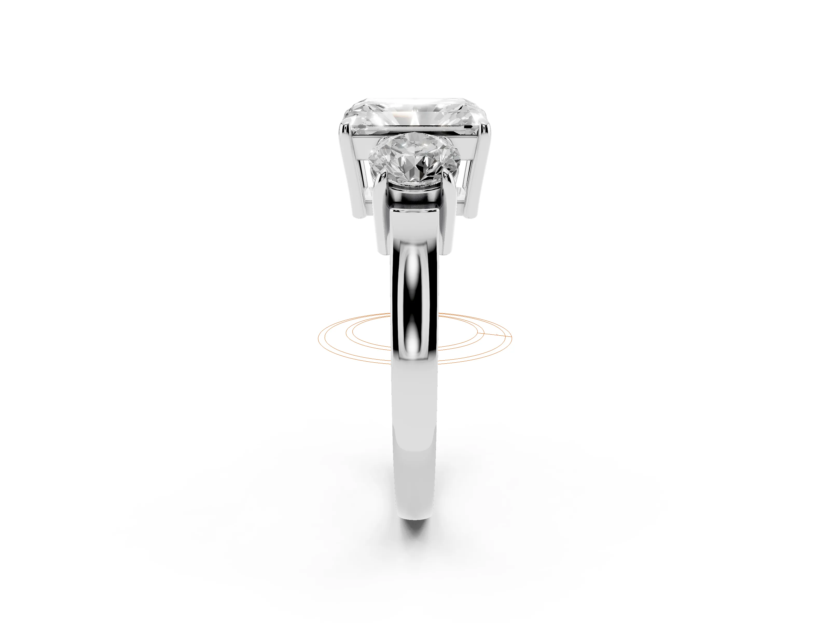 Radiant Cut Diamond Three-Stone Ring Set in White gold with Round Accent Stones and Plain Band