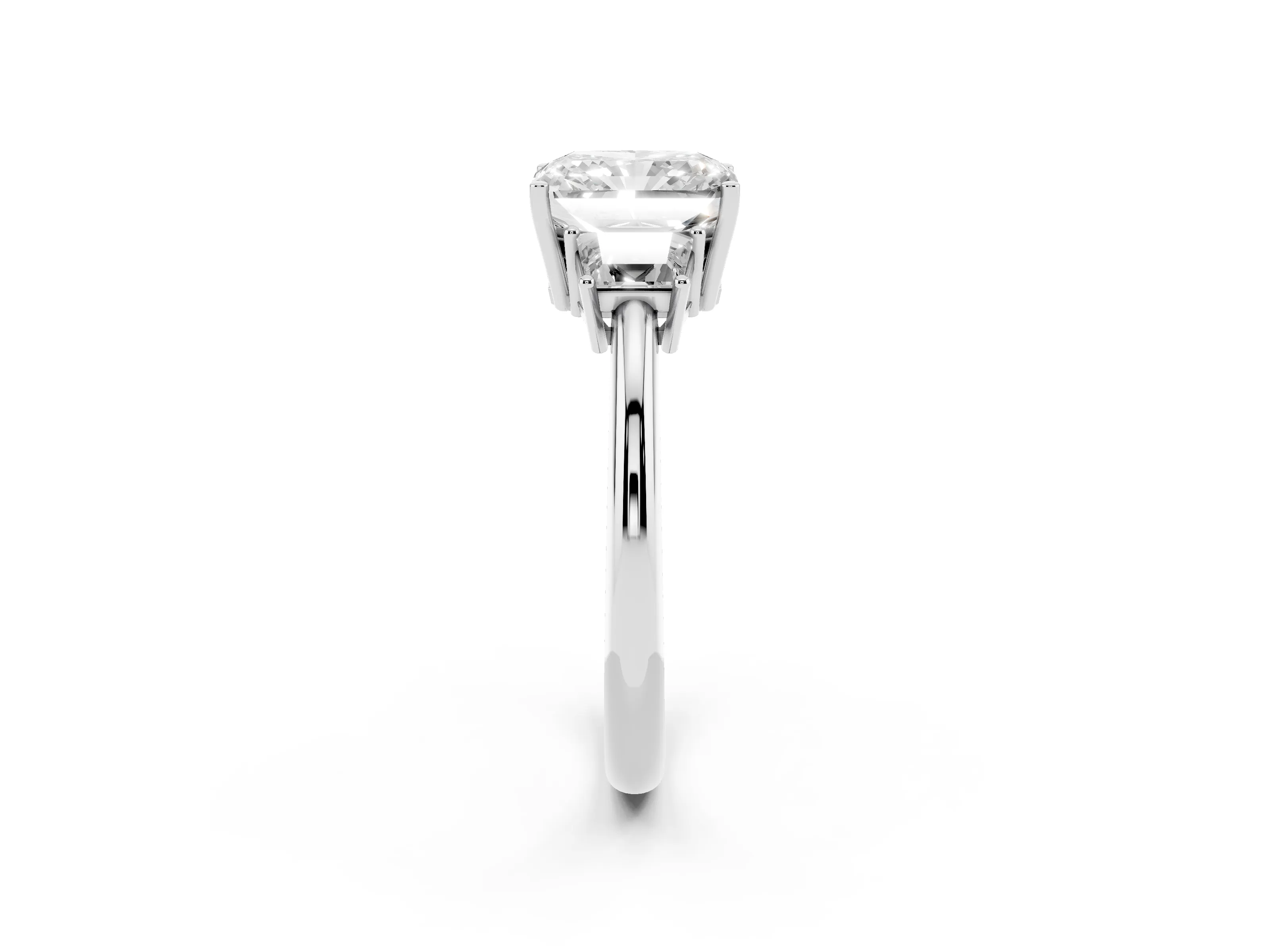 Radiant Cut Diamond Three-Stone Ring Set in Platinum with Trapezoid Side Stones and Prong Setting