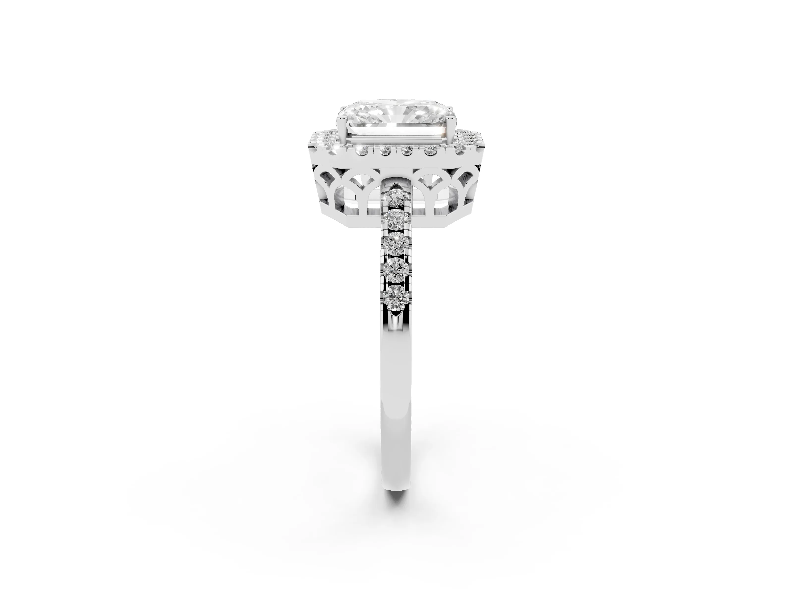 Radiant Cut Diamond Pavé Band Halo Engagement Ring Set in Platinum with Prong Setting