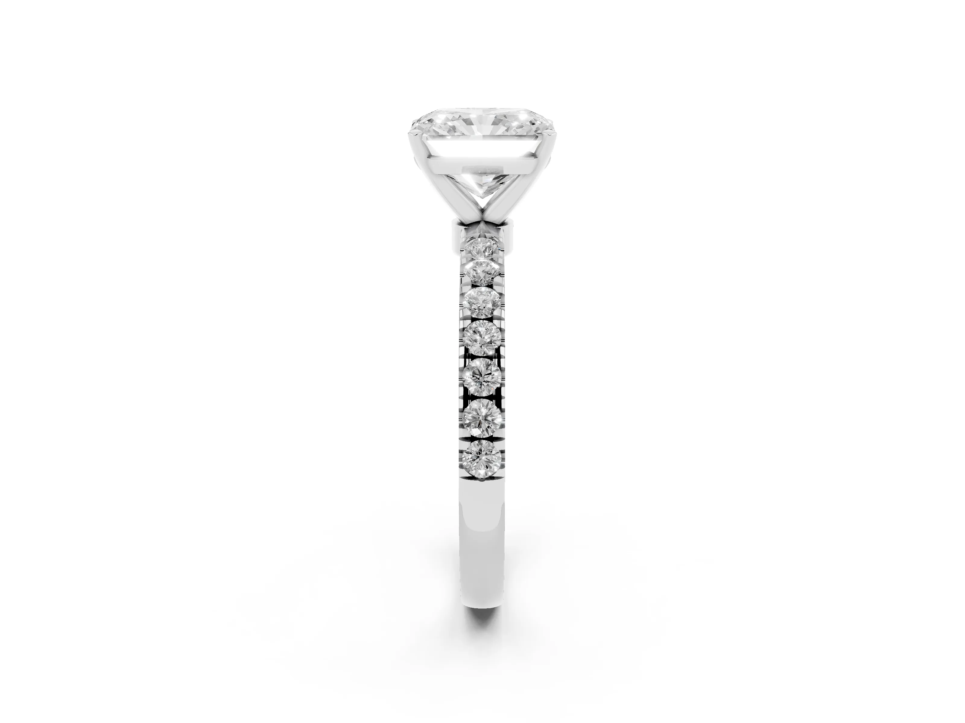 Radiant Cut Diamond Solitaire Ring Set in White gold with Pavé Accents and Prong Setting