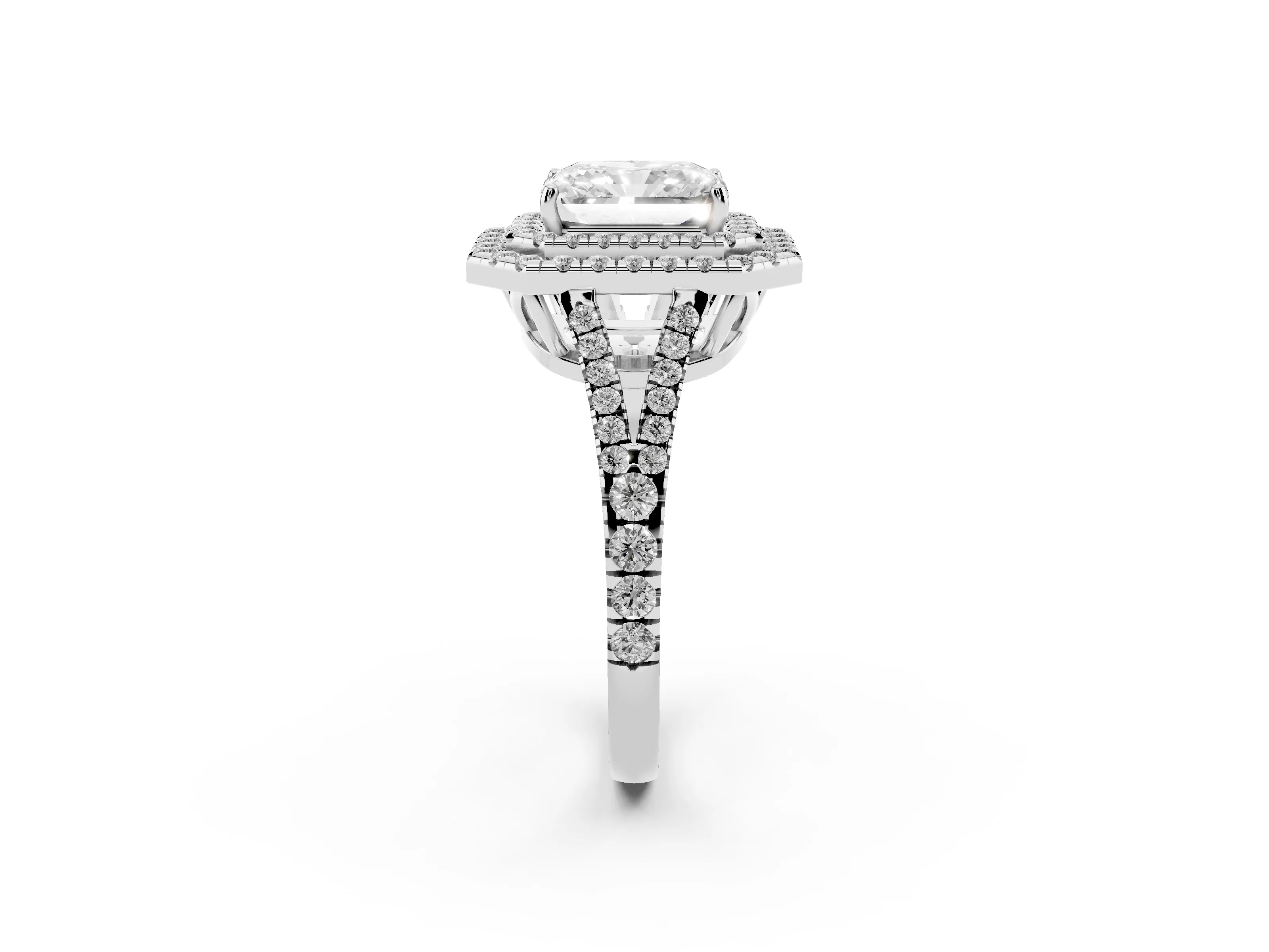 Radiant Cut Diamond Double Halo Ring Set in Silver with Pavé Band