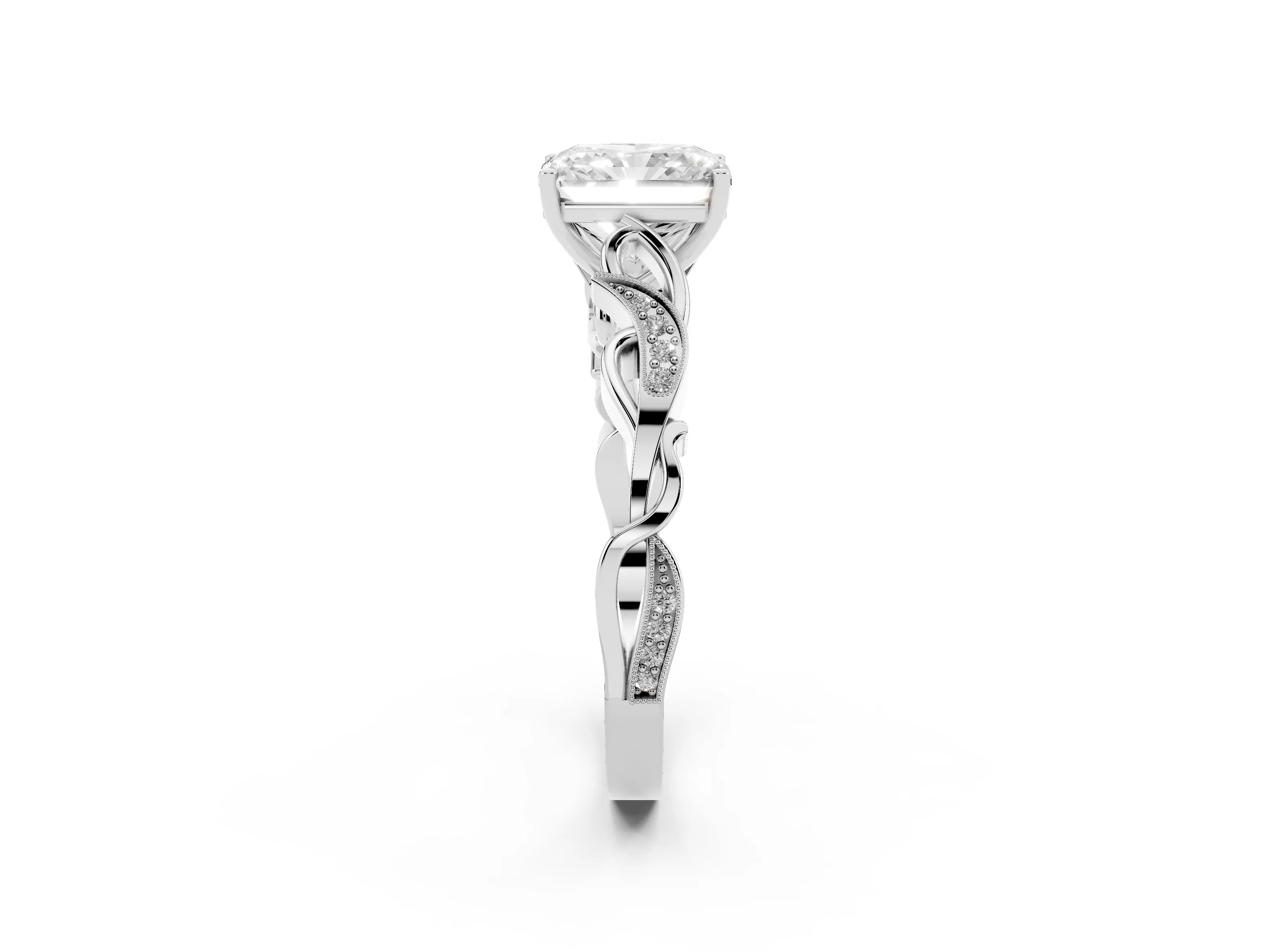 Radiant Cut Diamond Vine Band Solitaire Ring Set in Platinum with Milgrain Prong Setting