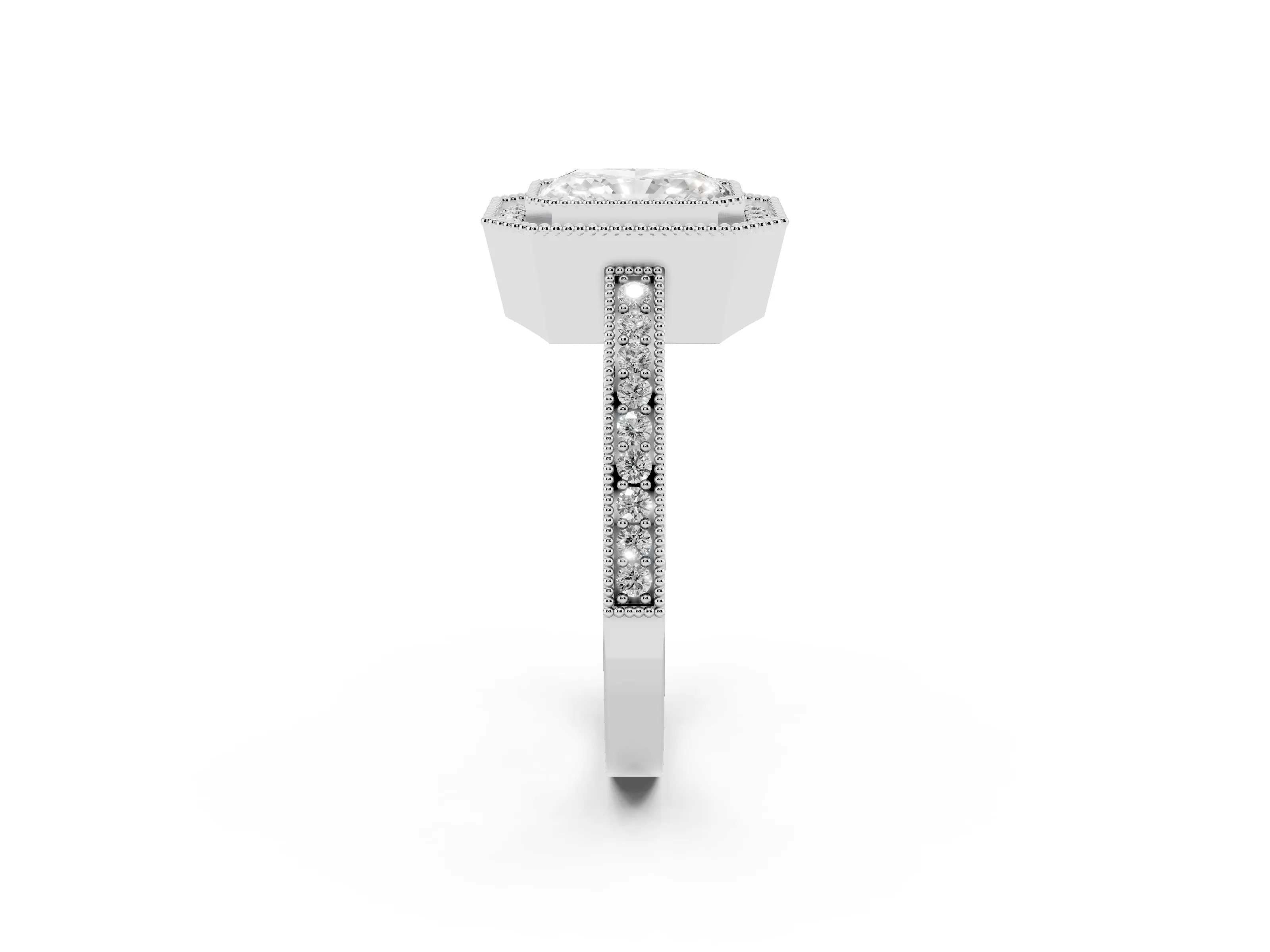 Radiant Cut Diamond Round Halo Ring Set in White gold with Pavé Band
