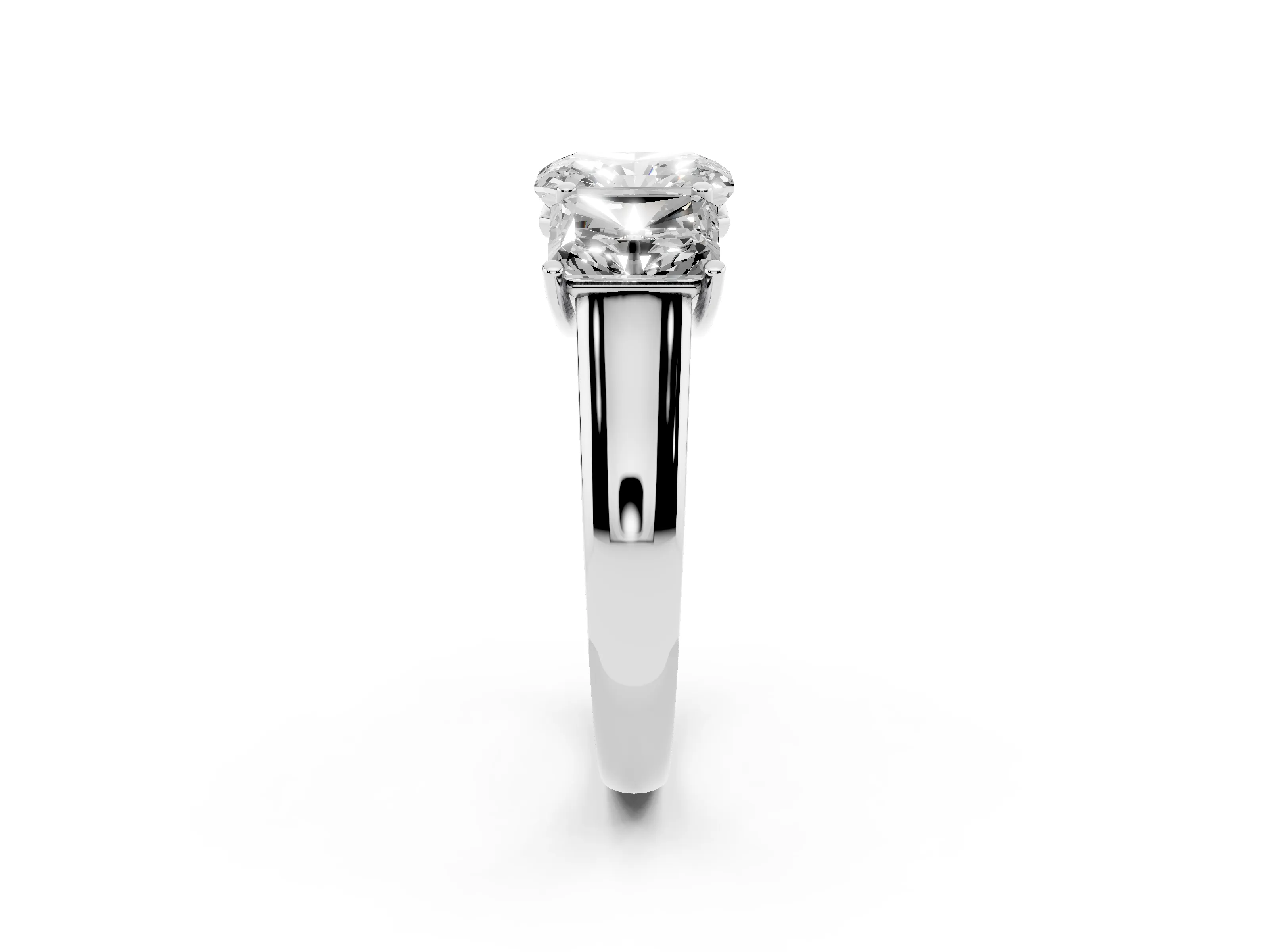 Radiant Cut Diamond Three-Stone Ring Set in White gold with Plain Polished Band