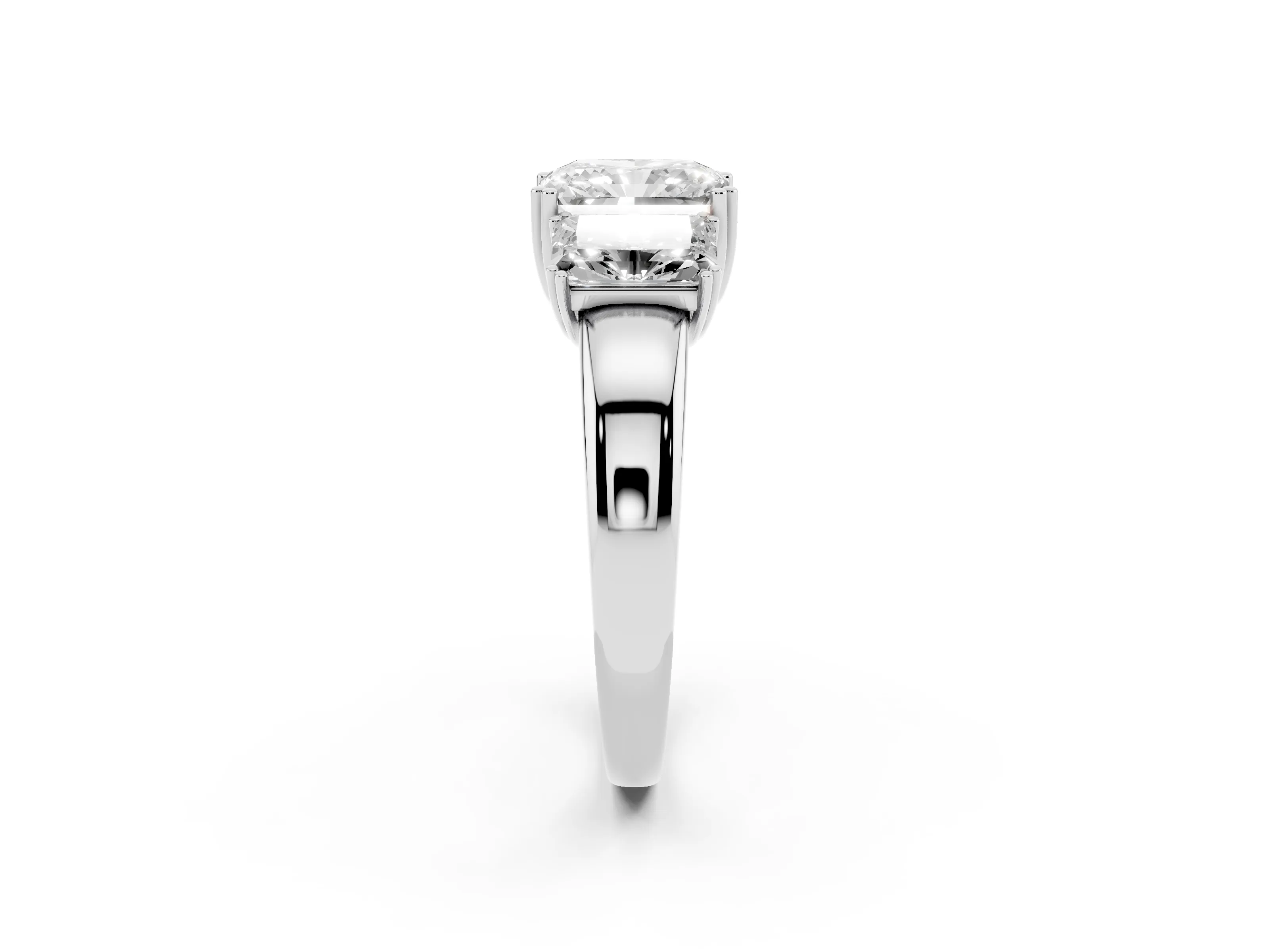 Radiant Cut Diamond Three-Stone Ring Set in White gold with Polished Channel-Set Band