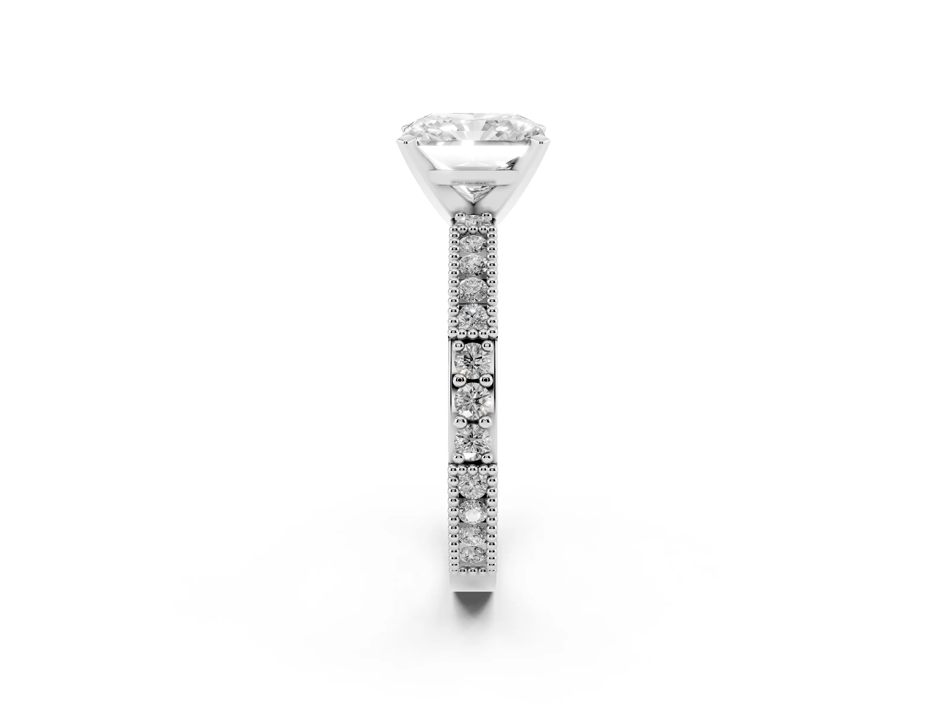 Radiant Cut Diamond Solitaire Ring Set in White gold with Slim Pavé Band and Prong Setting