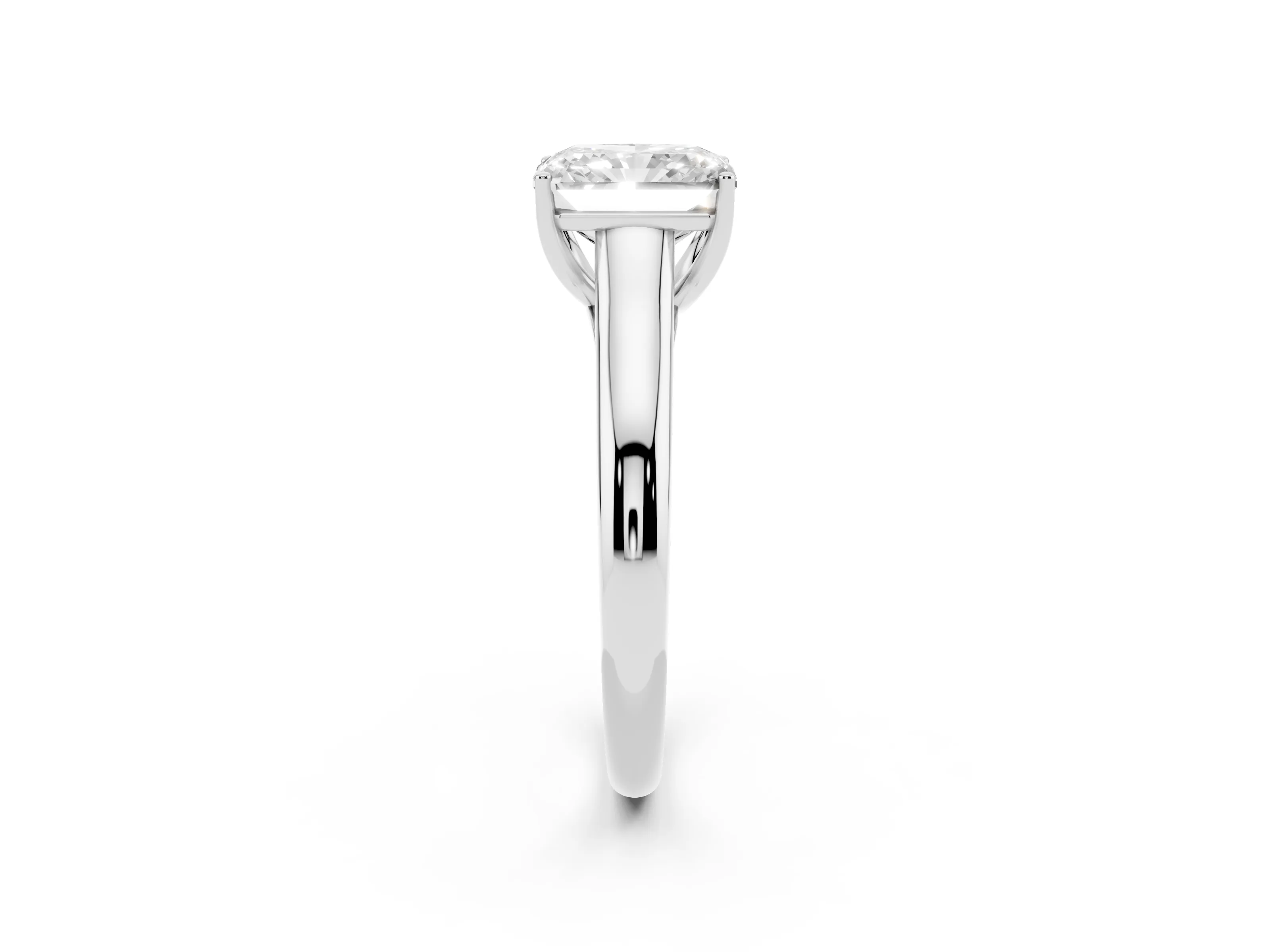 Radiant Cut Diamond Solitaire Engagement Ring Set in Silver with Subtly Tapered Band and Prong Setting