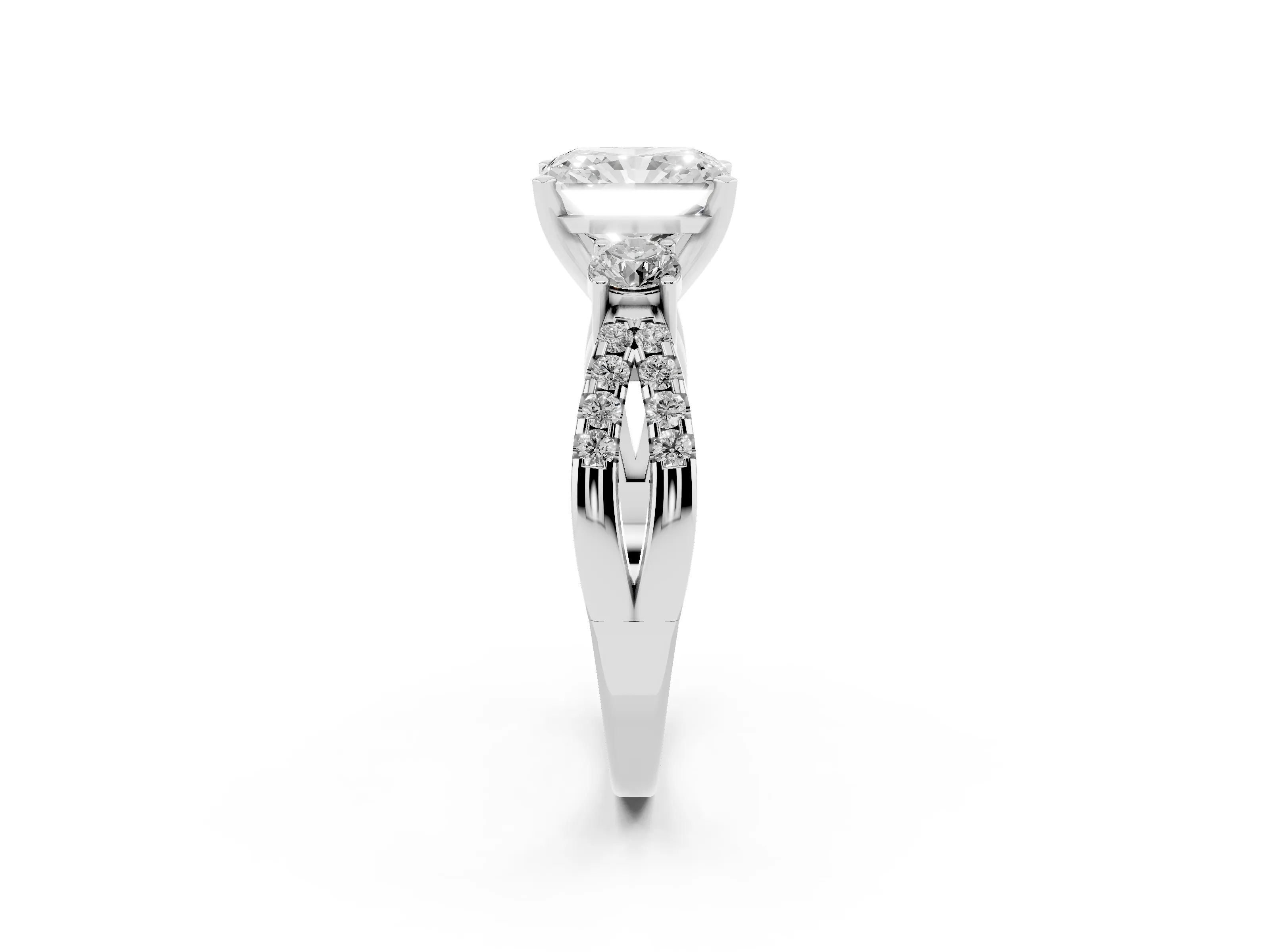 Radiant Cut Diamond Three-Stone Ring Set in Silver with Pavé Split Shank and Prong Setting