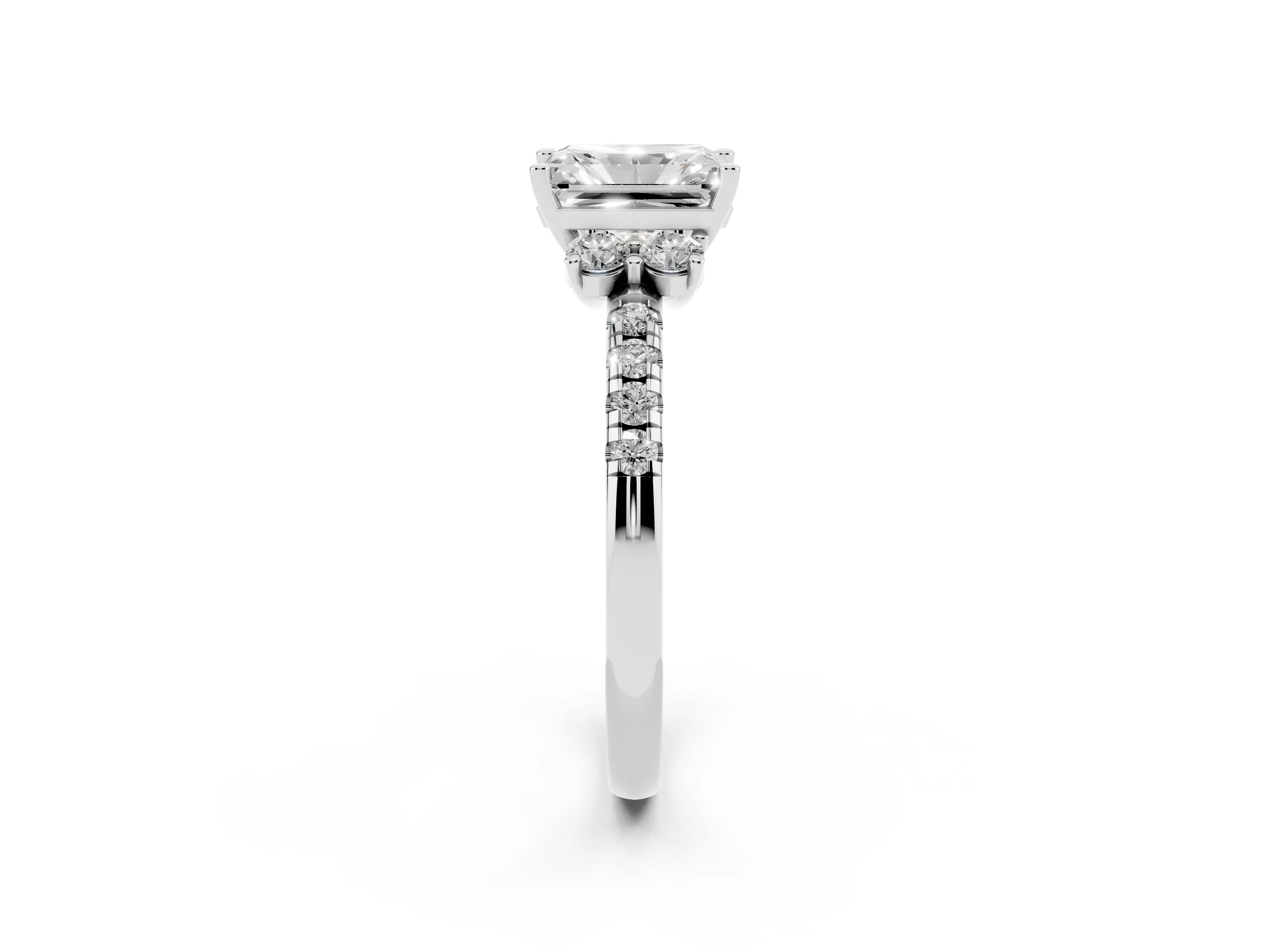 Radiant Cut Diamond Three-Stone Pavé Ring Set in Silver with Prong Setting