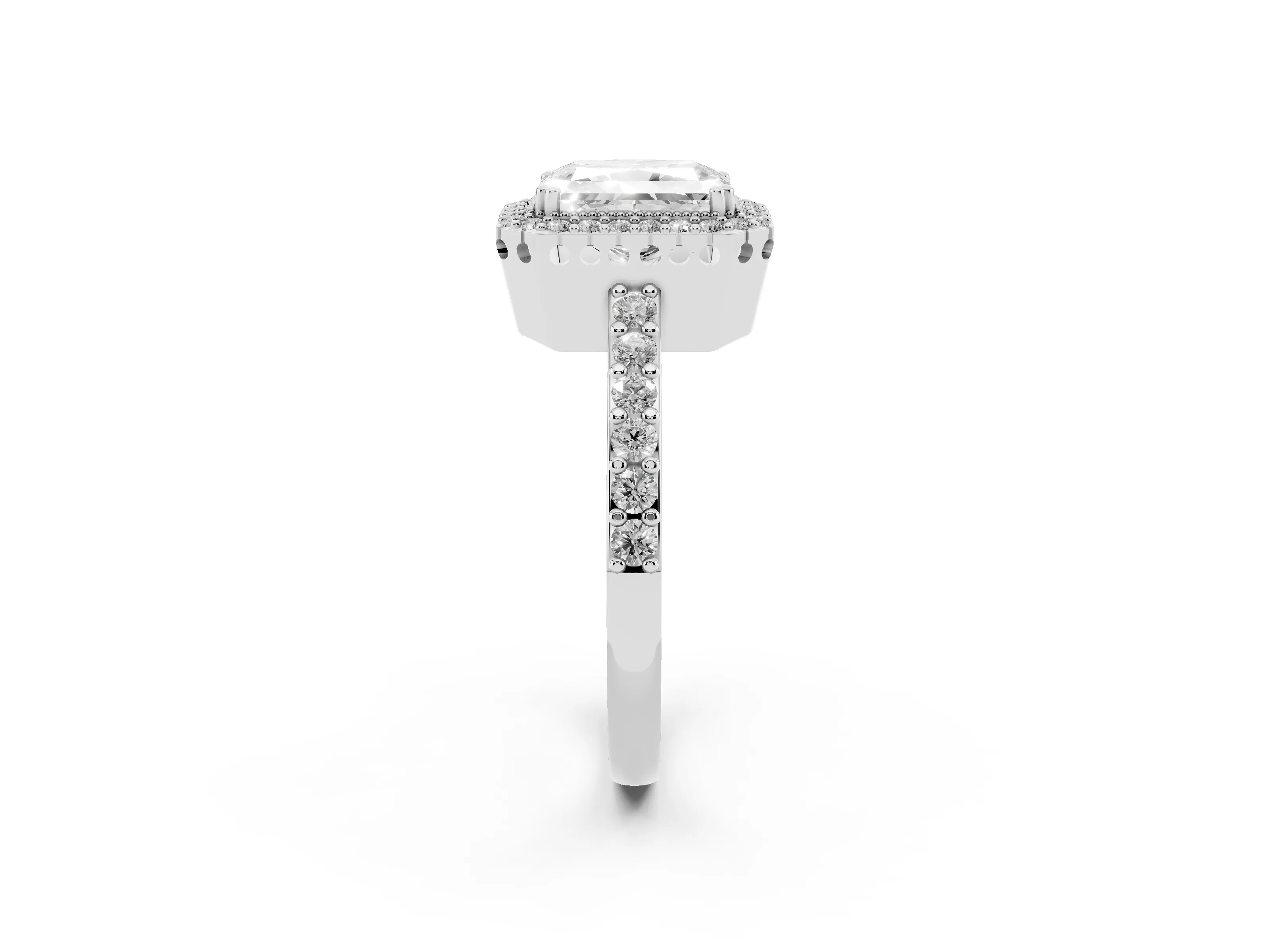 Radiant Cut Diamond Halo Engagement Ring Set in Platinum with Milgrain Detail and Pavé Band