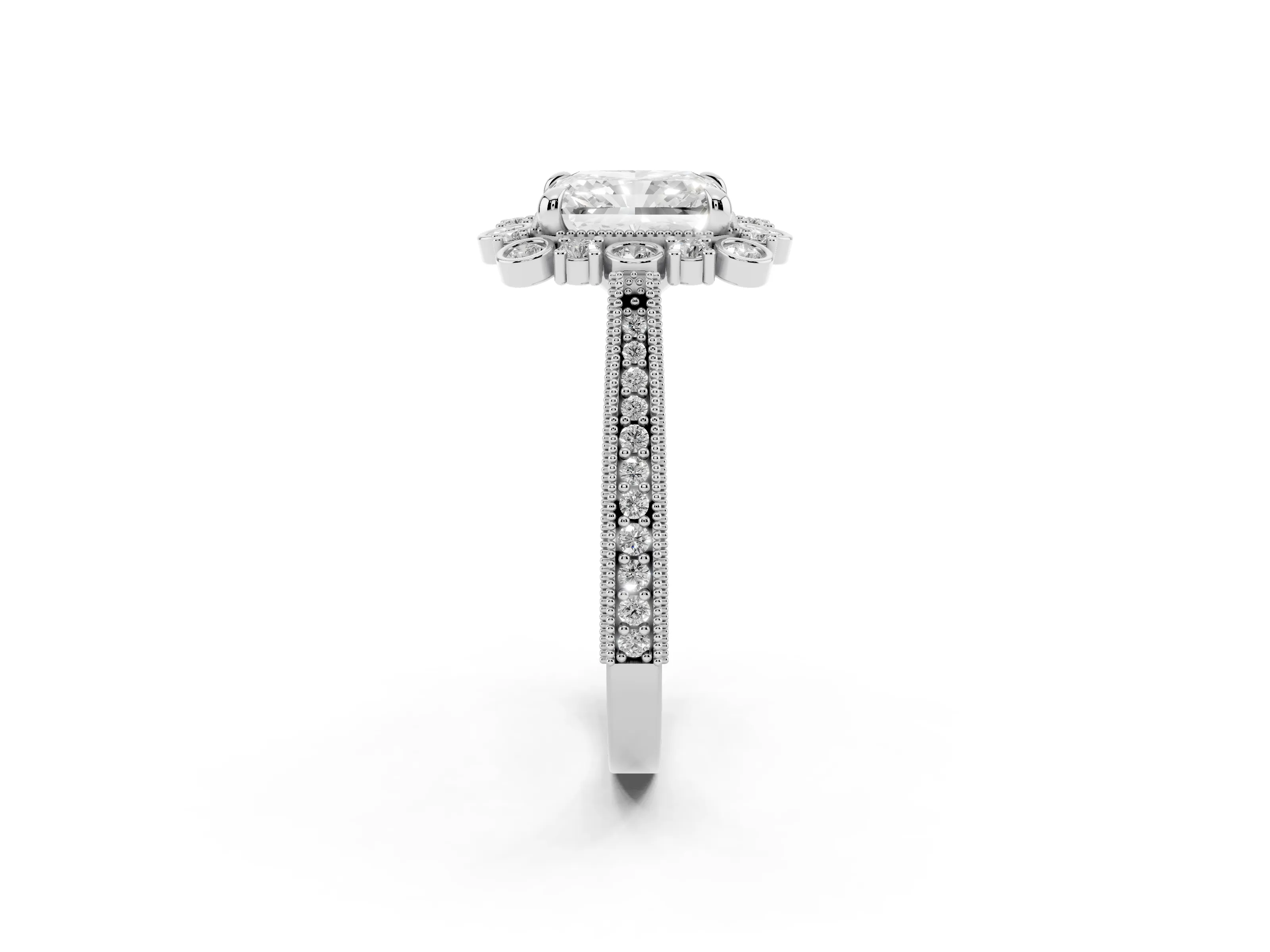 Radiant Cut Diamond Halo Milgrain Pavé Ring Set in Platinum with Prong Setting