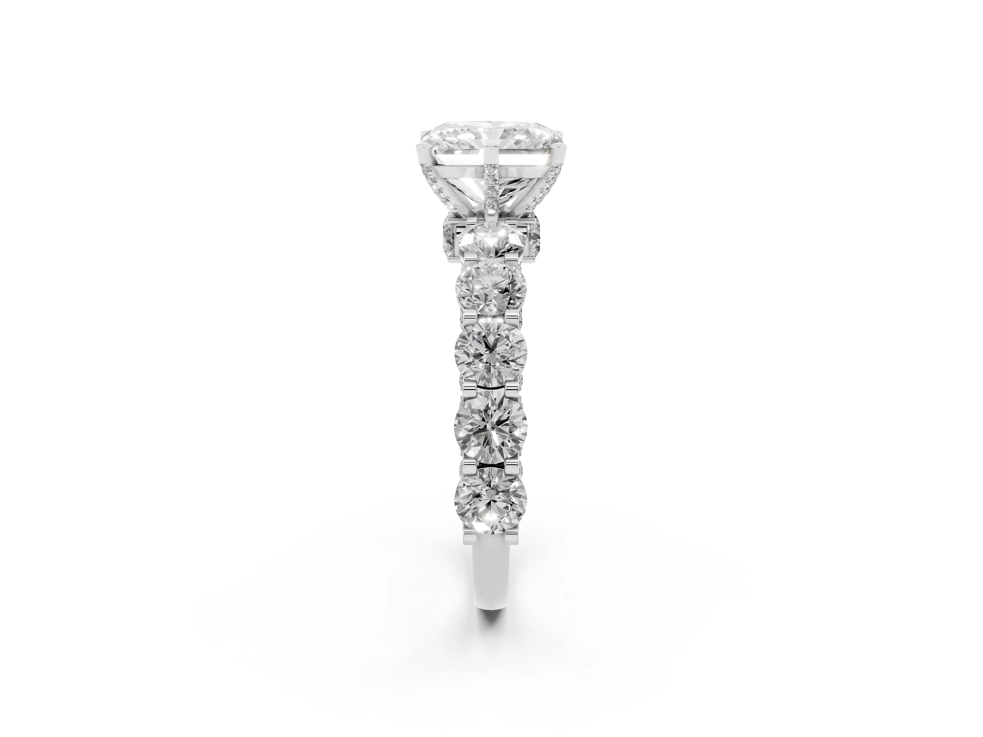 Radiant Cut Diamond Side Stone Ring Set in White gold with Alternating Round and Oval Side Stones