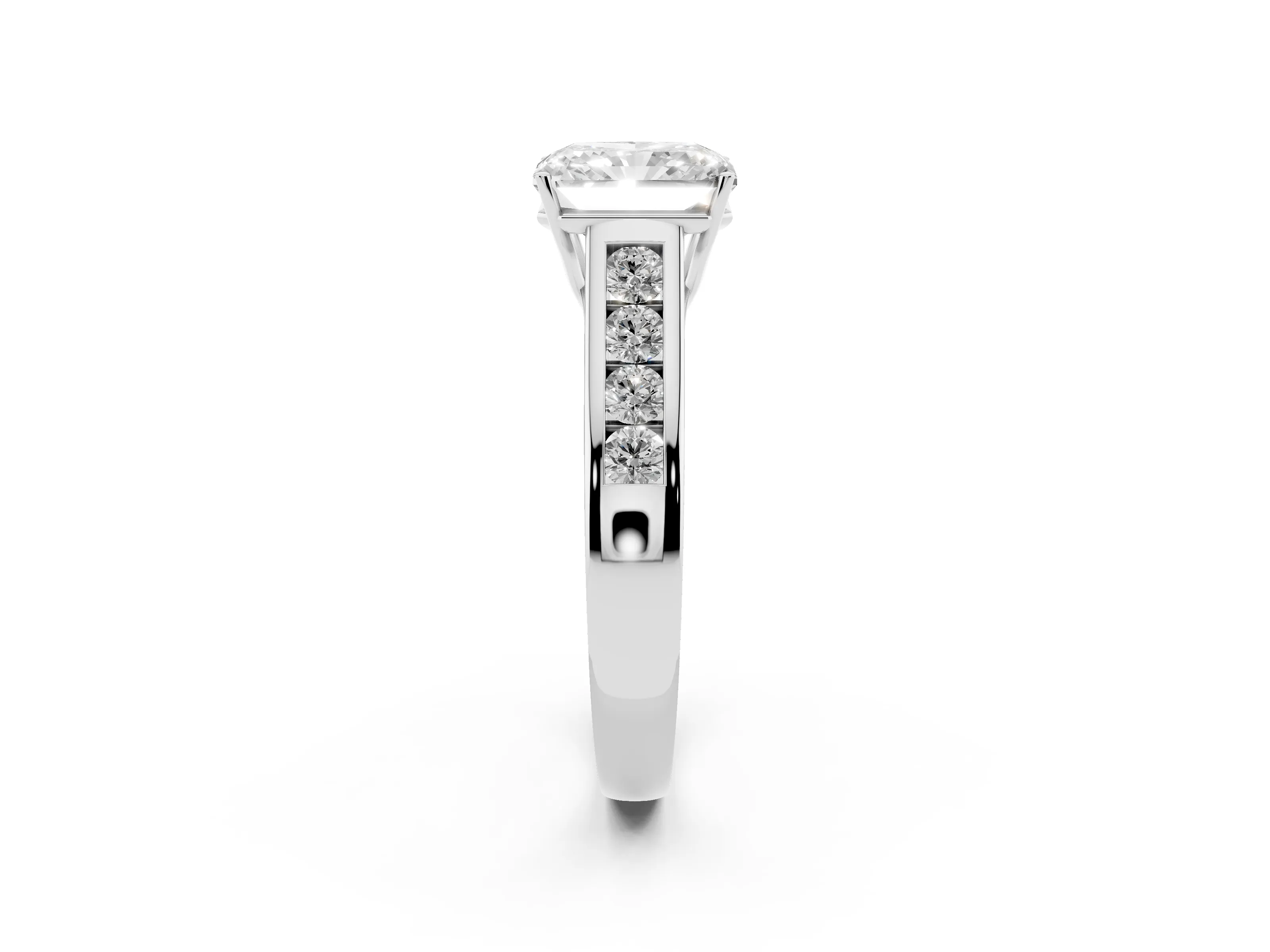 Radiant Cut Diamond Brilliant Channel-Set Solitaire Ring Set in White gold with Prong Setting