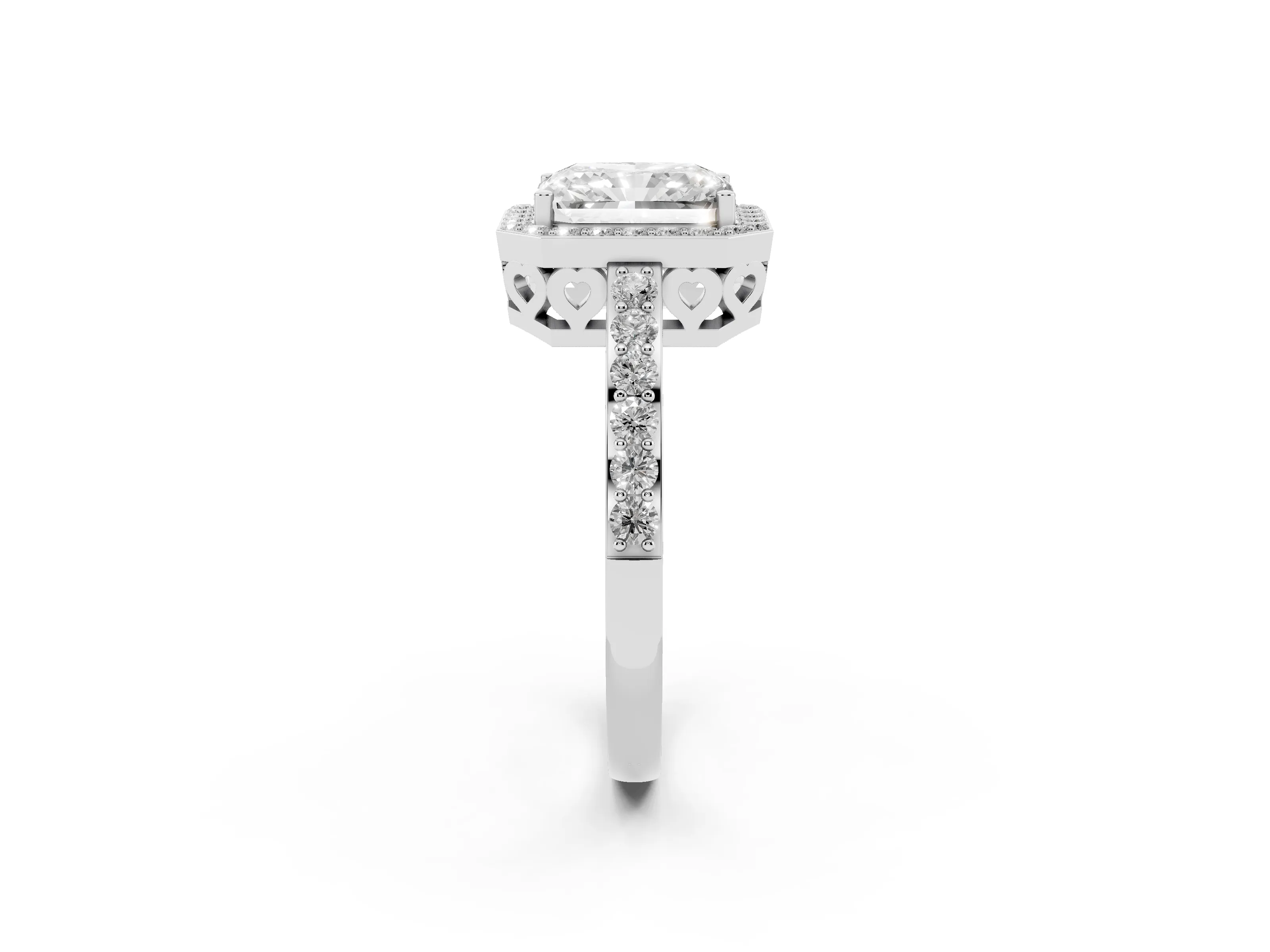 Radiant Cut Diamond Halo Ring Set in White gold with Pavé-Setting Band and Open Prong Center