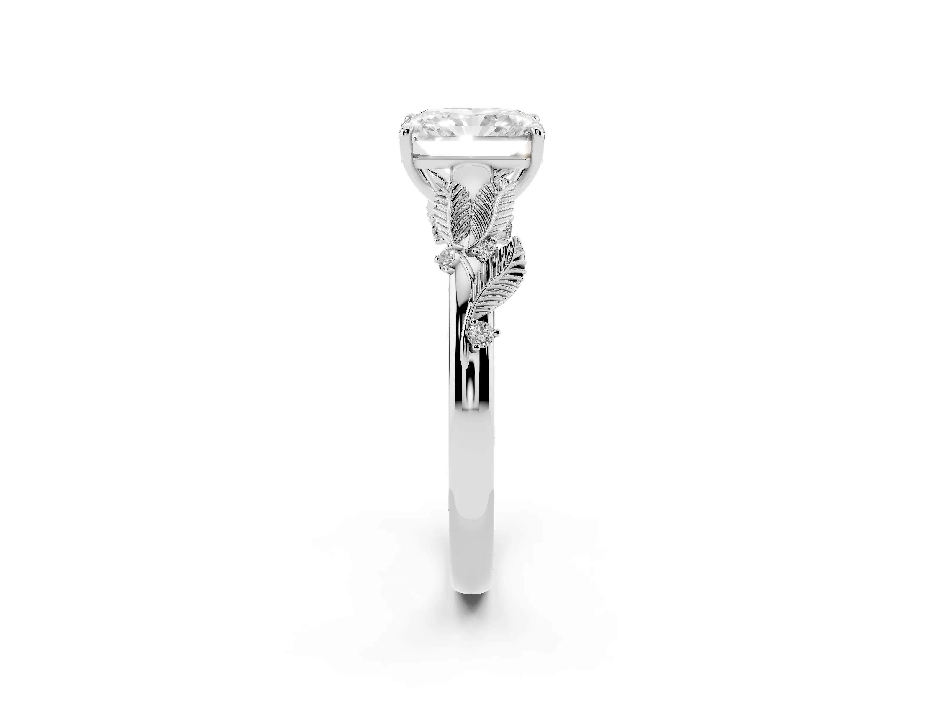 Radiant Cut Diamond Solitaire Ring Set in Silver with Leaf Motif Band