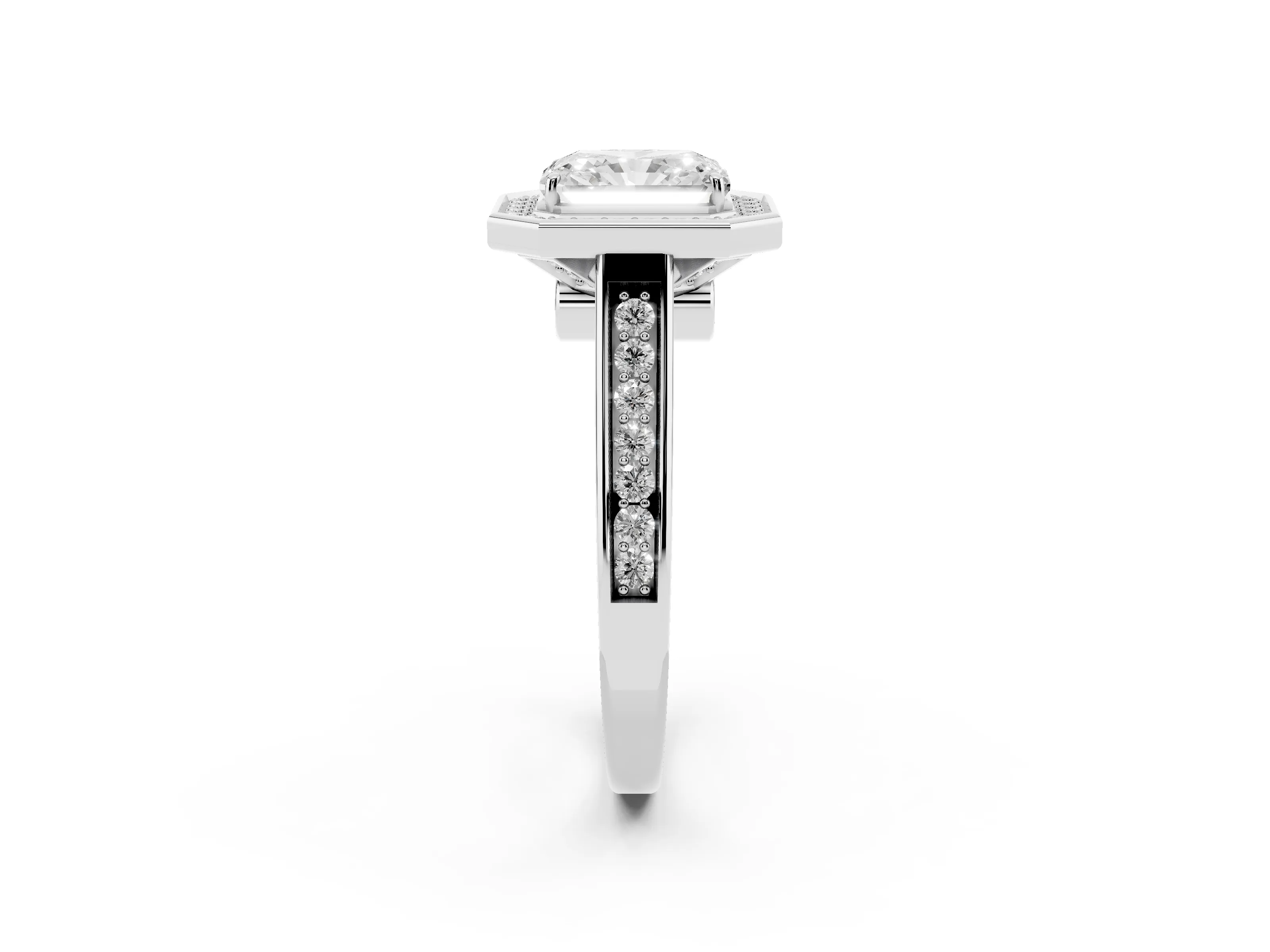 Radiant Cut Diamond Halo Solitaire Ring Set in Platinum with Pavé Band and Bezel Setting