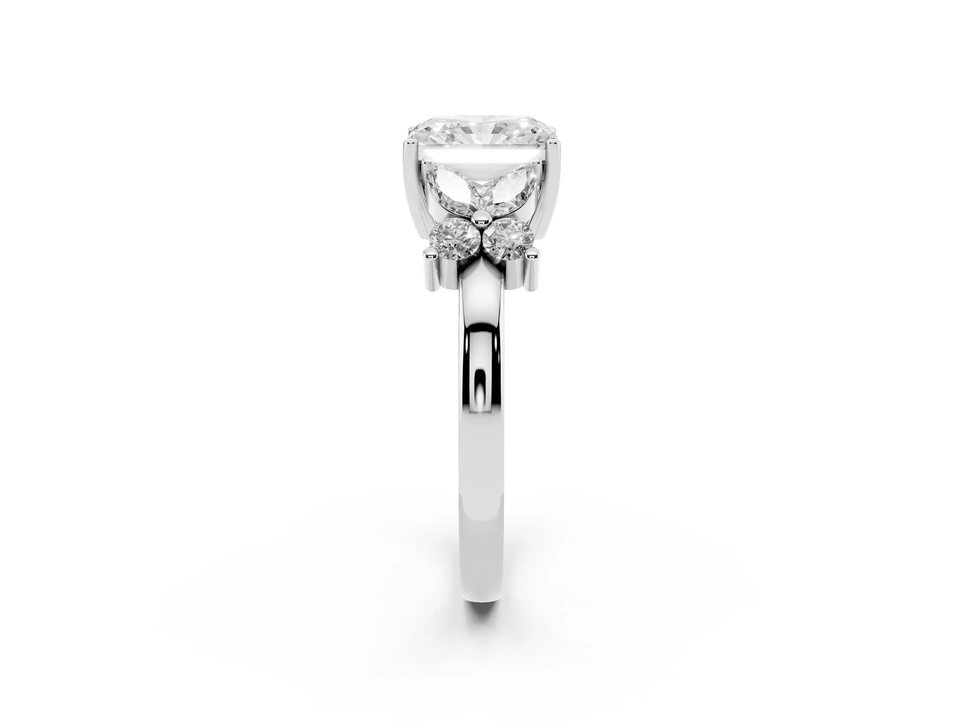 Radiant Cut Diamond Floral Cluster Ring Set in White gold with Marquise Petals and Prong Setting