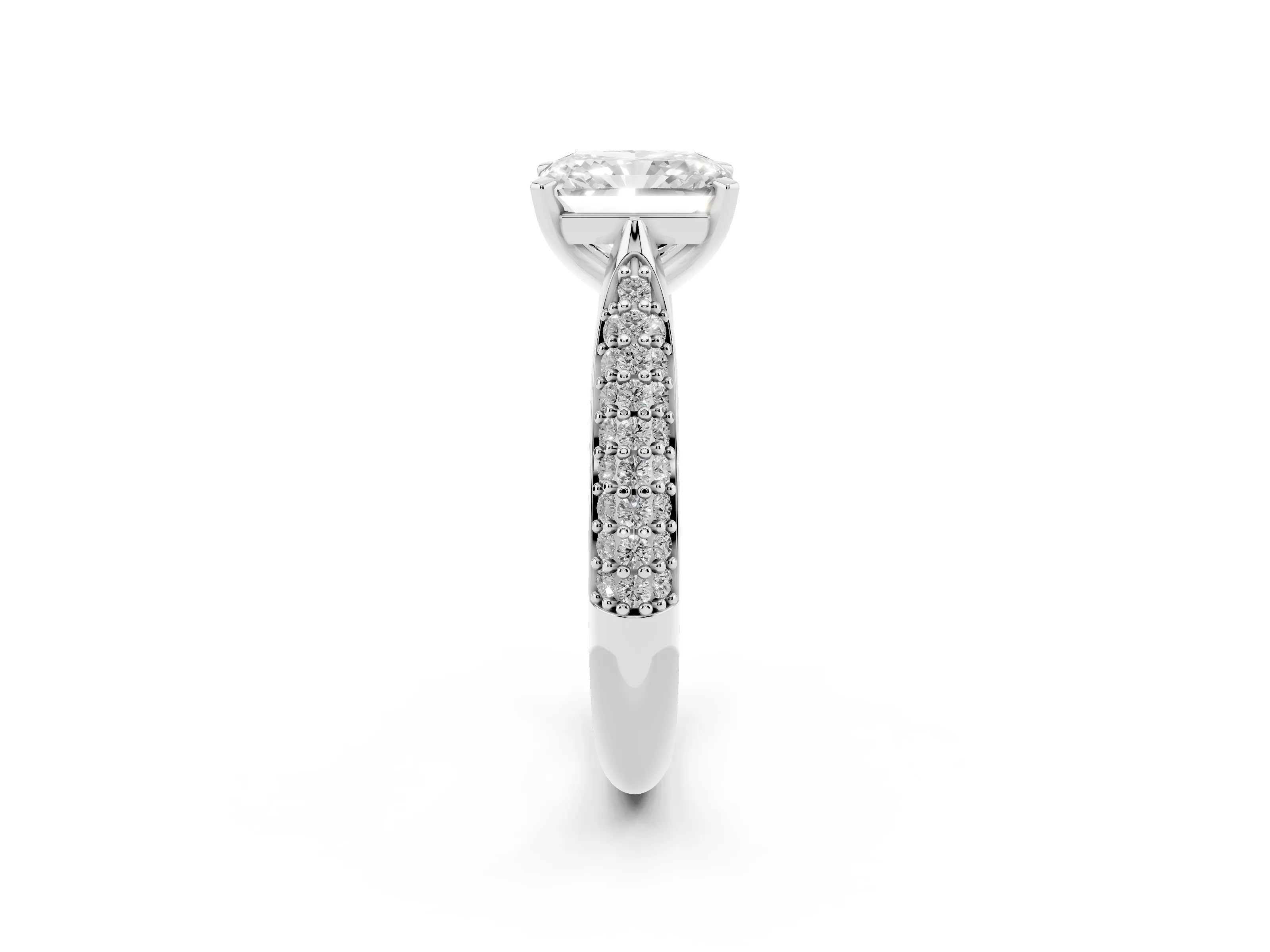 Radiant Cut Diamond Solitaire Engagement Ring Set in Platinum with Multi-Row Round Pavé Band and Prong Setting