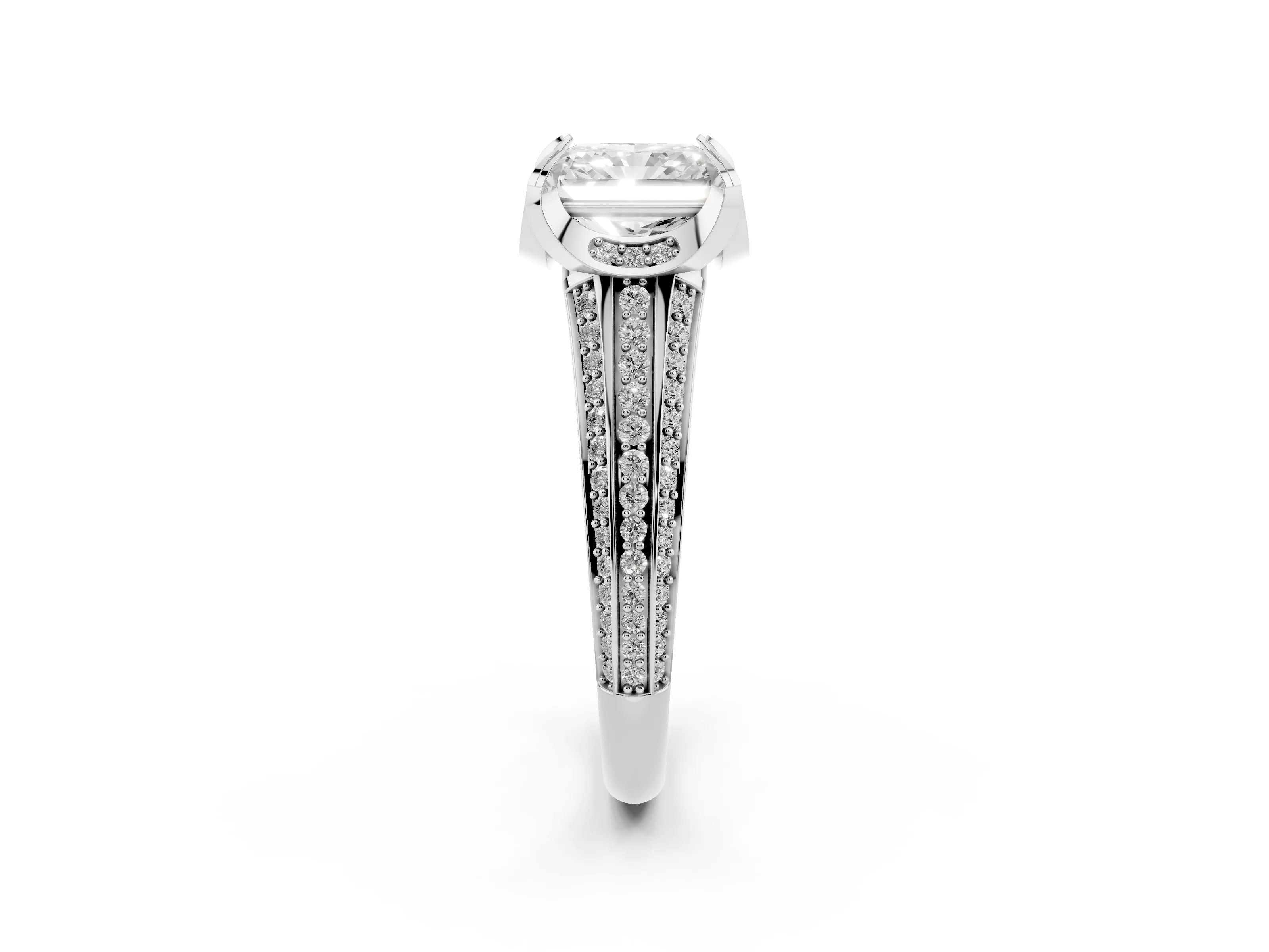 Radiant Cut Diamond Pavé Split Shank Solitaire Ring Set in Platinum with Prong Setting
