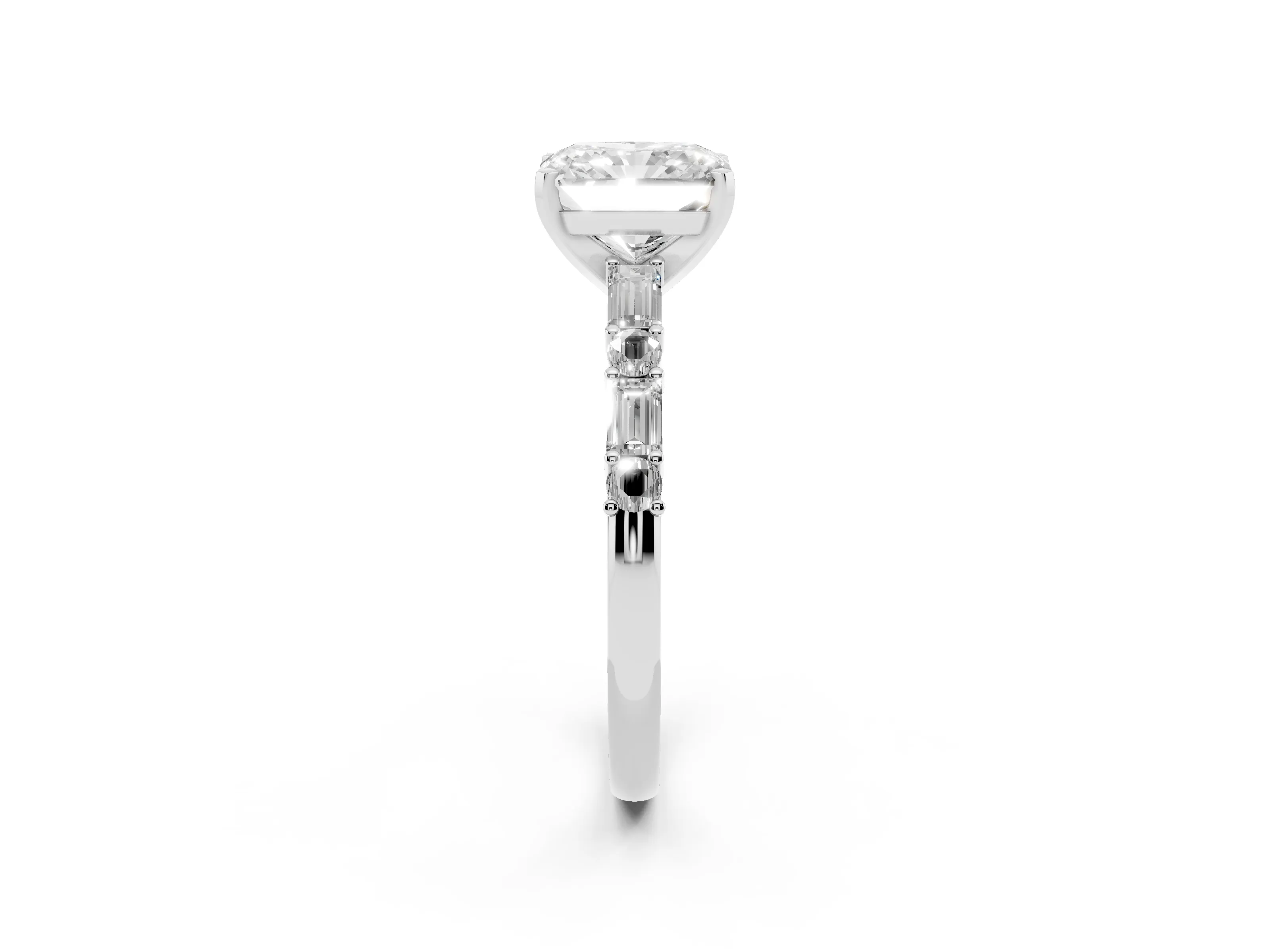 Radiant Cut Diamond Solitaire Set in White gold with Side Baguettes and Channel Set Band